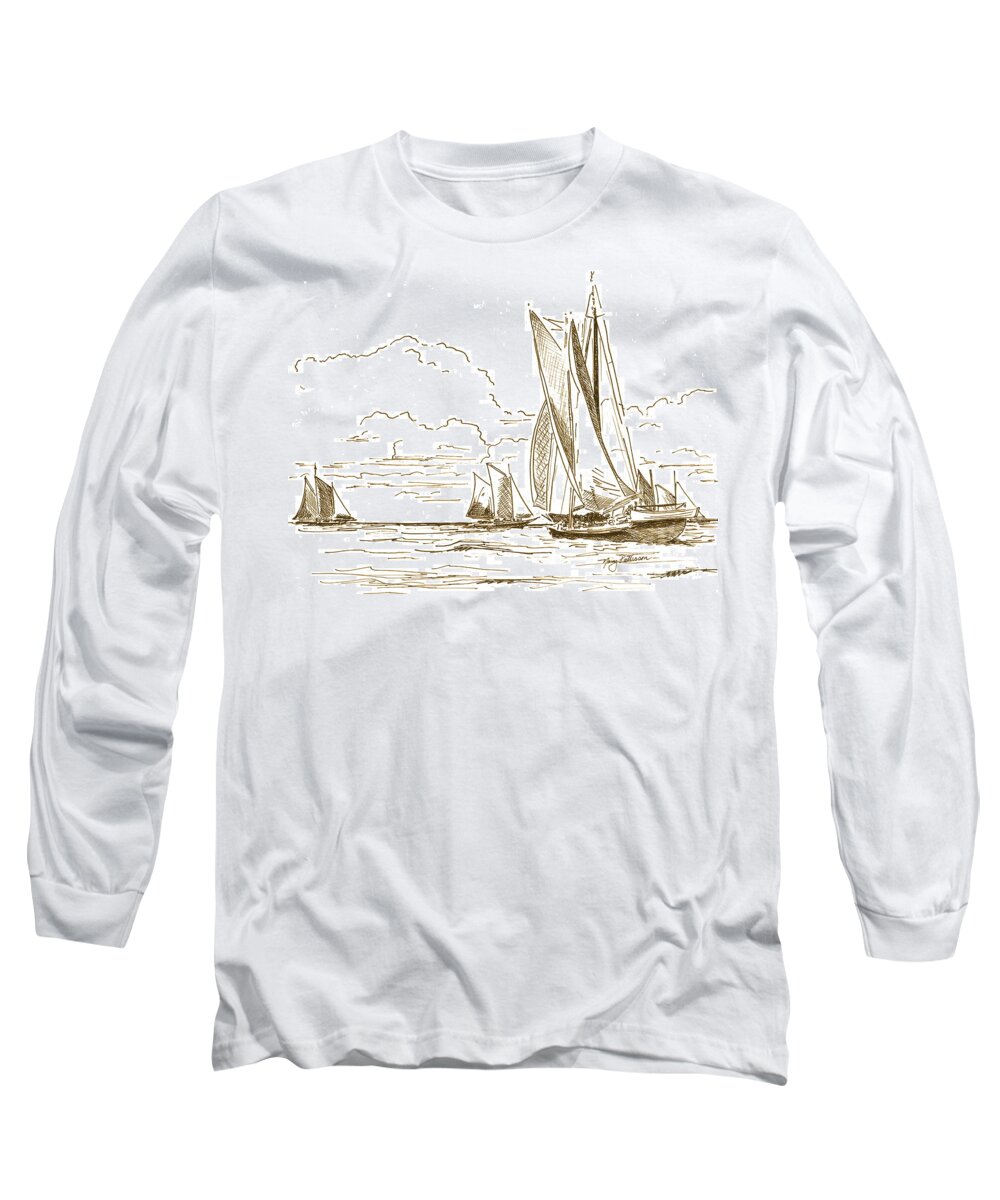 Oyster Schooners Long Sleeve T-Shirt featuring the drawing Vintage Oyster Schooners by Nancy Patterson