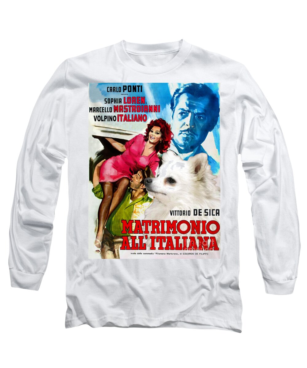 Volpino Italiano Long Sleeve T-Shirt featuring the painting Volpino Italiano Art Canvas Print - Matrimonio All Italiana Movie Poster by Sandra Sij