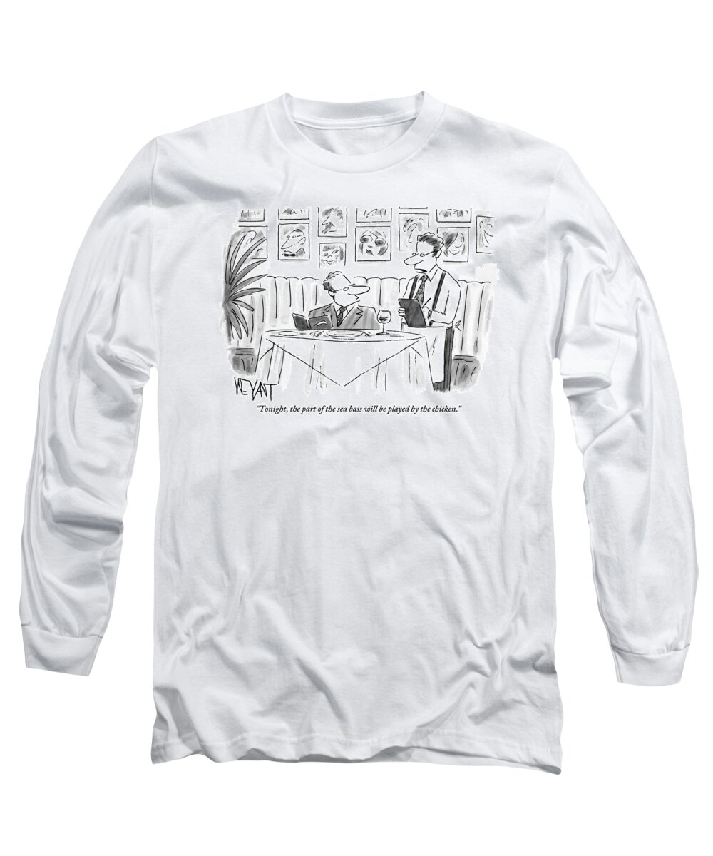 Theater Long Sleeve T-Shirt featuring the drawing Waiter Reads The Specials To A Man At Dinner by Christopher Weyant