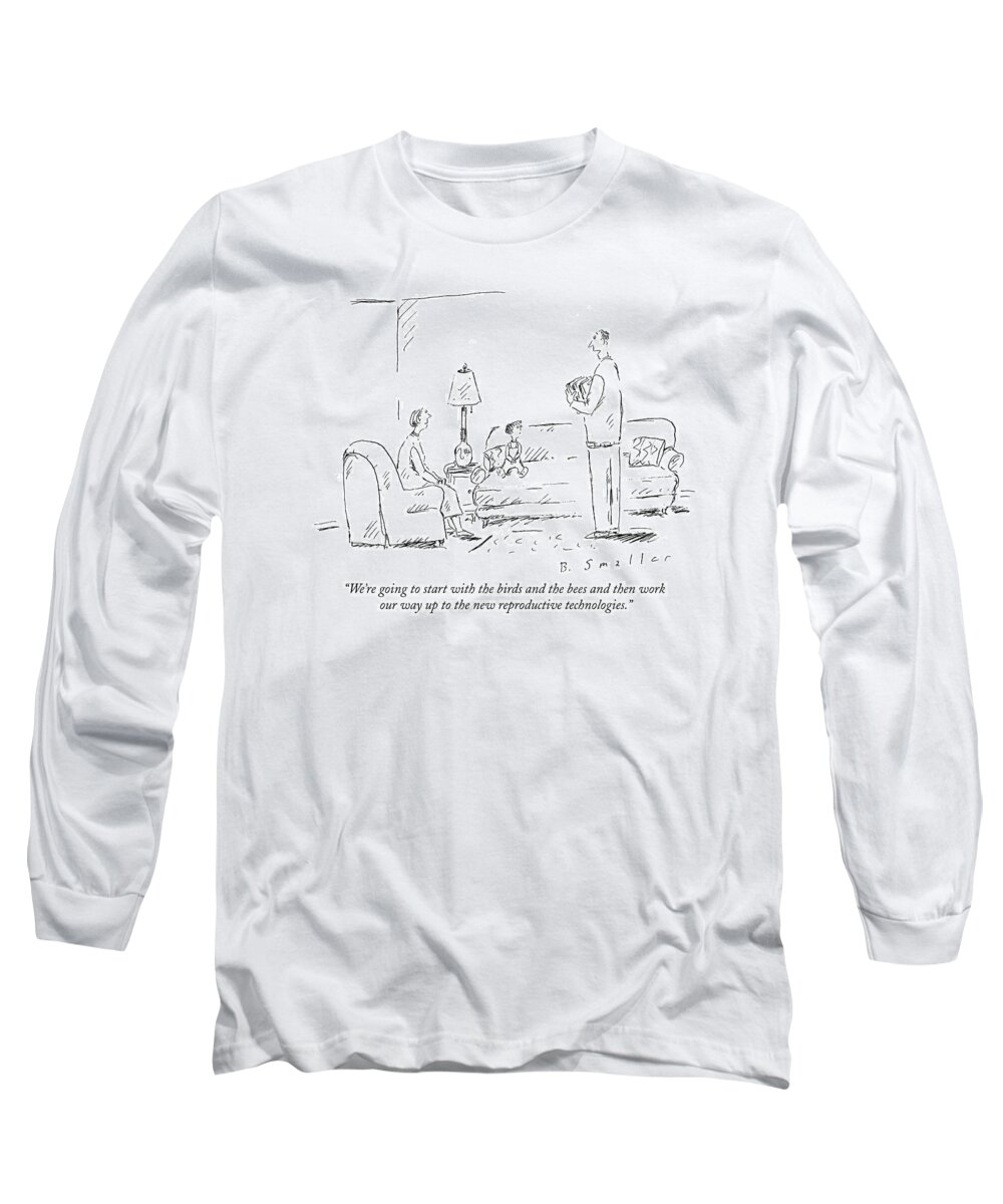 Fathers - General Long Sleeve T-Shirt featuring the drawing We're Going To Start With The Birds And The Bees by Barbara Smaller