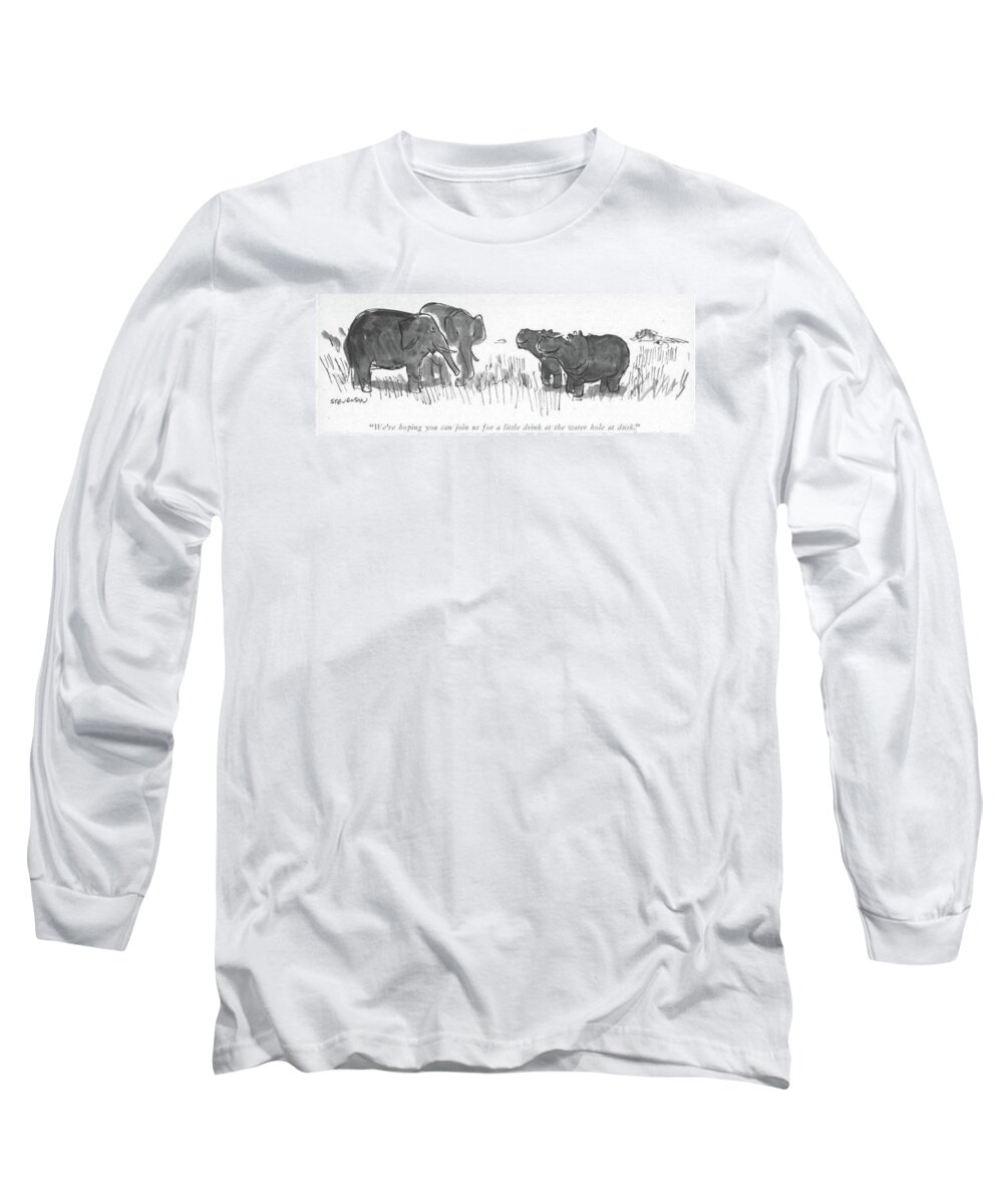 73781 Jst James Stevenson (hippopotamus Couple To Elephant And His Wife.) Africa Alcohol Bars Couple Couples Drinks Elephants Hippopotamus Marriage -rdm Relationships Social Socializing Wildlife Long Sleeve T-Shirt featuring the drawing We're Hoping You Can Join Us For A Little Drink by James Stevenson