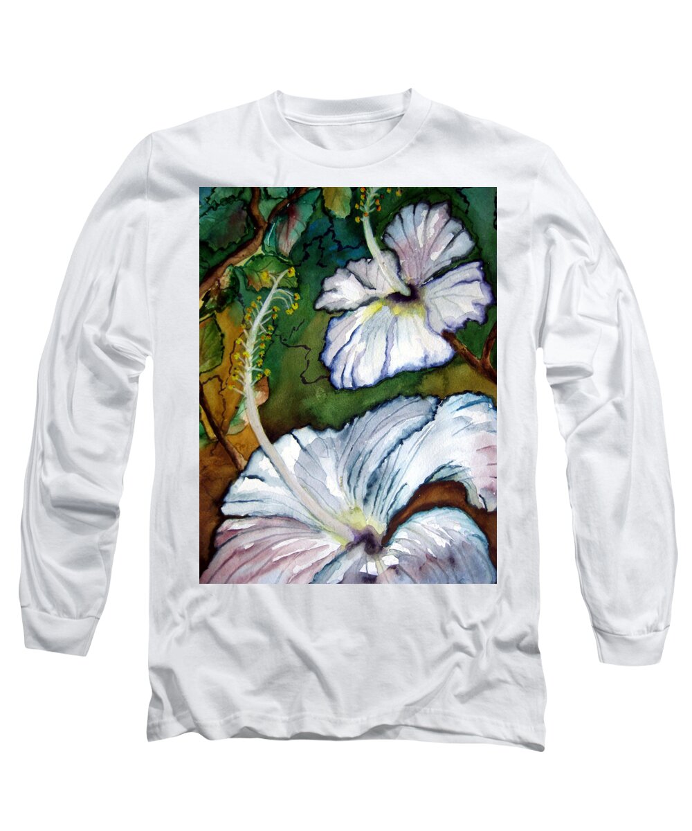 Yellow Long Sleeve T-Shirt featuring the painting White Hibiscus by Lil Taylor
