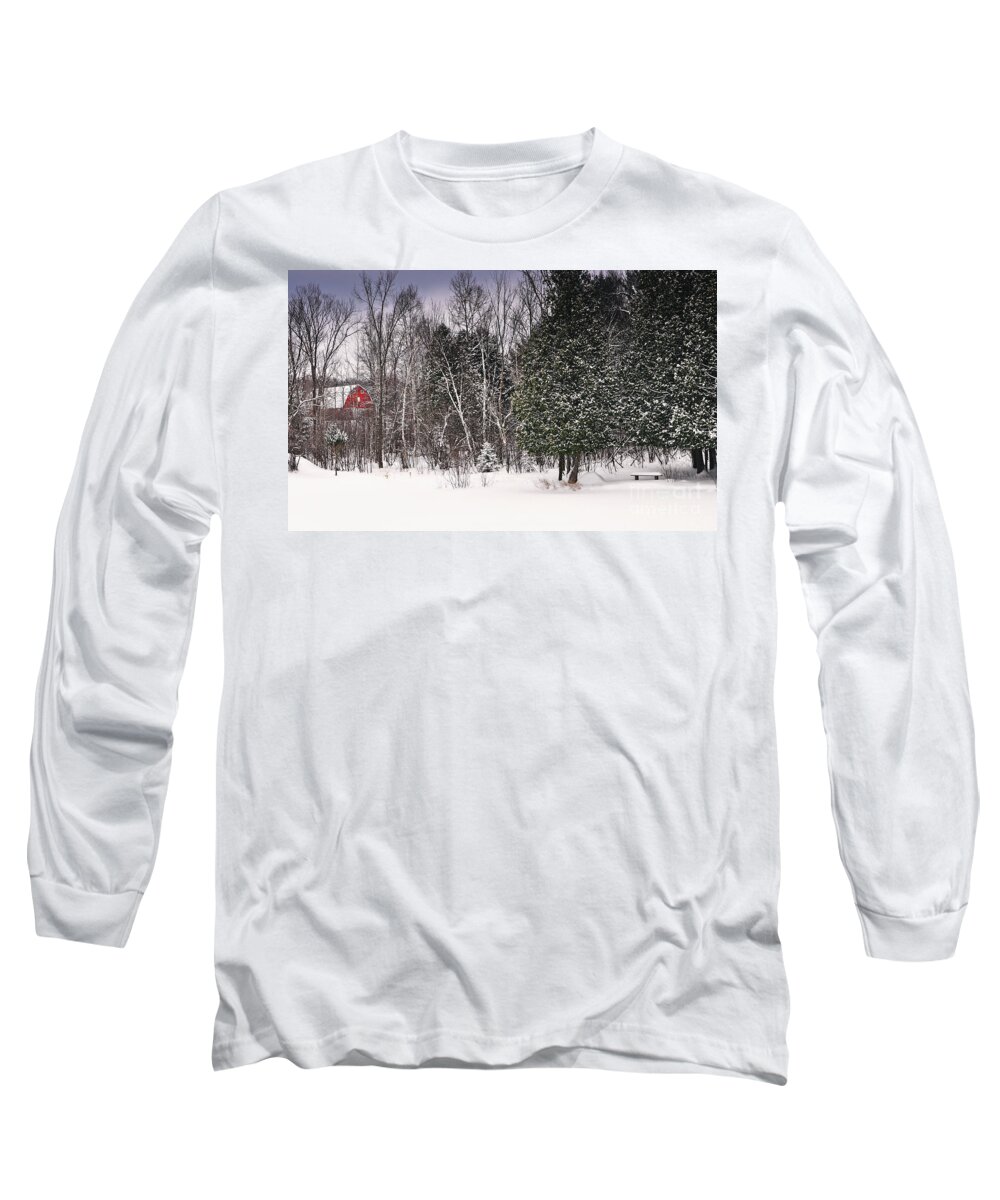 Red Barn Long Sleeve T-Shirt featuring the photograph Winter Postcard by Gwen Gibson