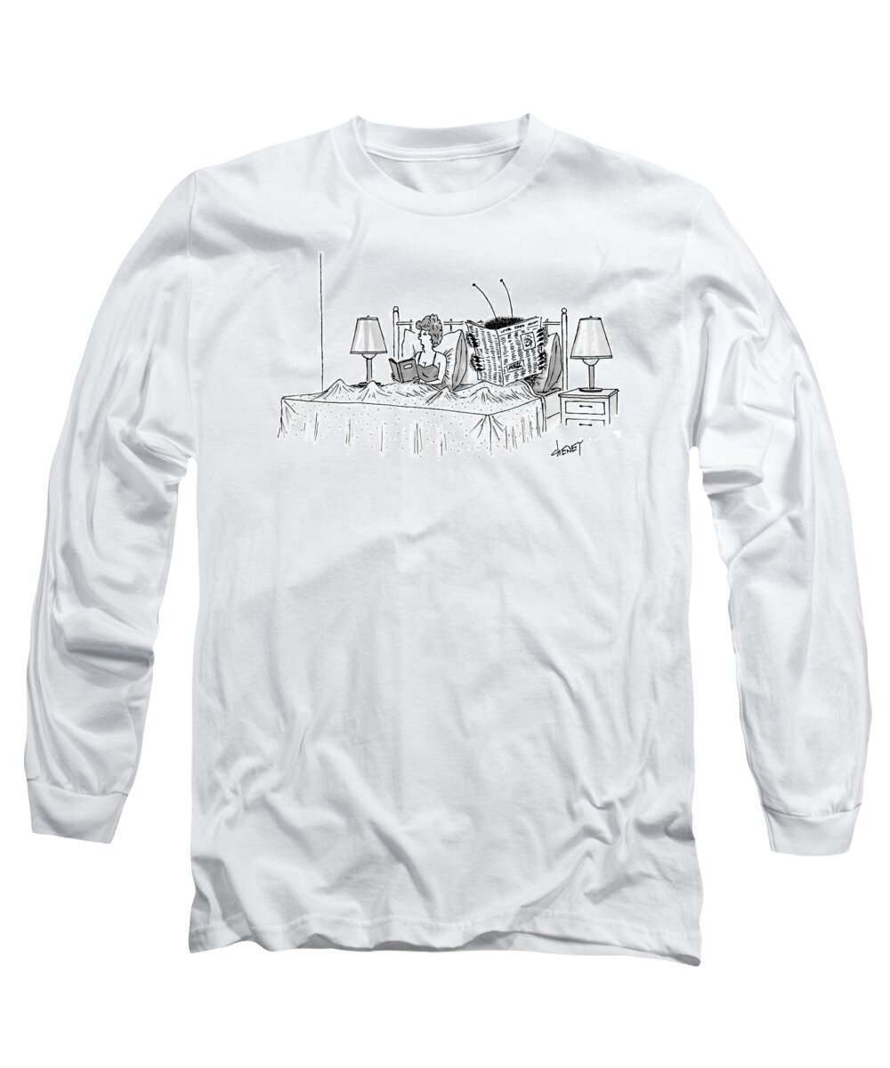 Bug Long Sleeve T-Shirt featuring the drawing Woman And A Large Insect Read In Bed by Tom Cheney