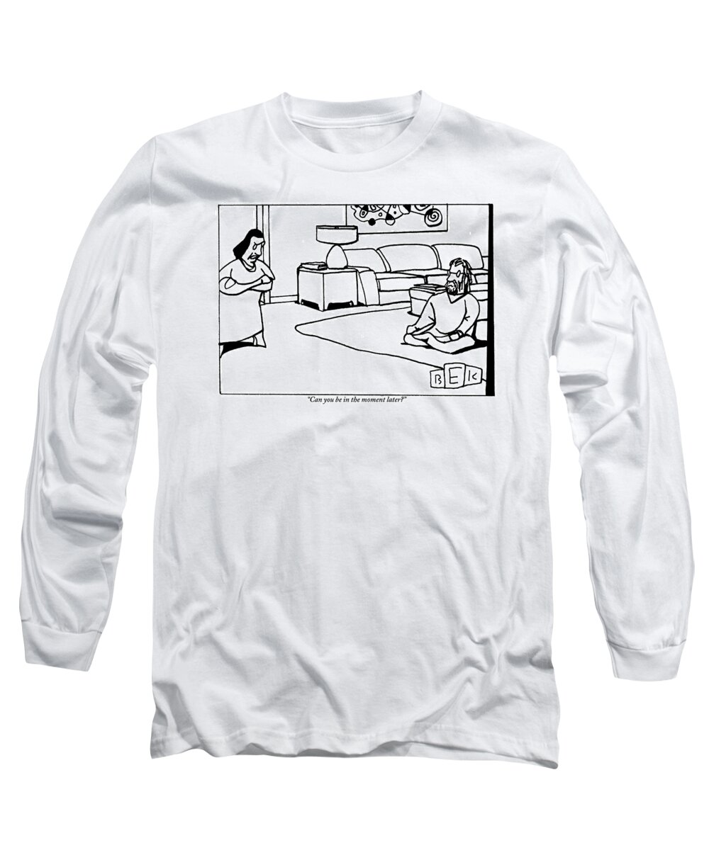 Yoga Long Sleeve T-Shirt featuring the drawing Woman In A Living Room With Her Arms Crossed by Bruce Eric Kaplan