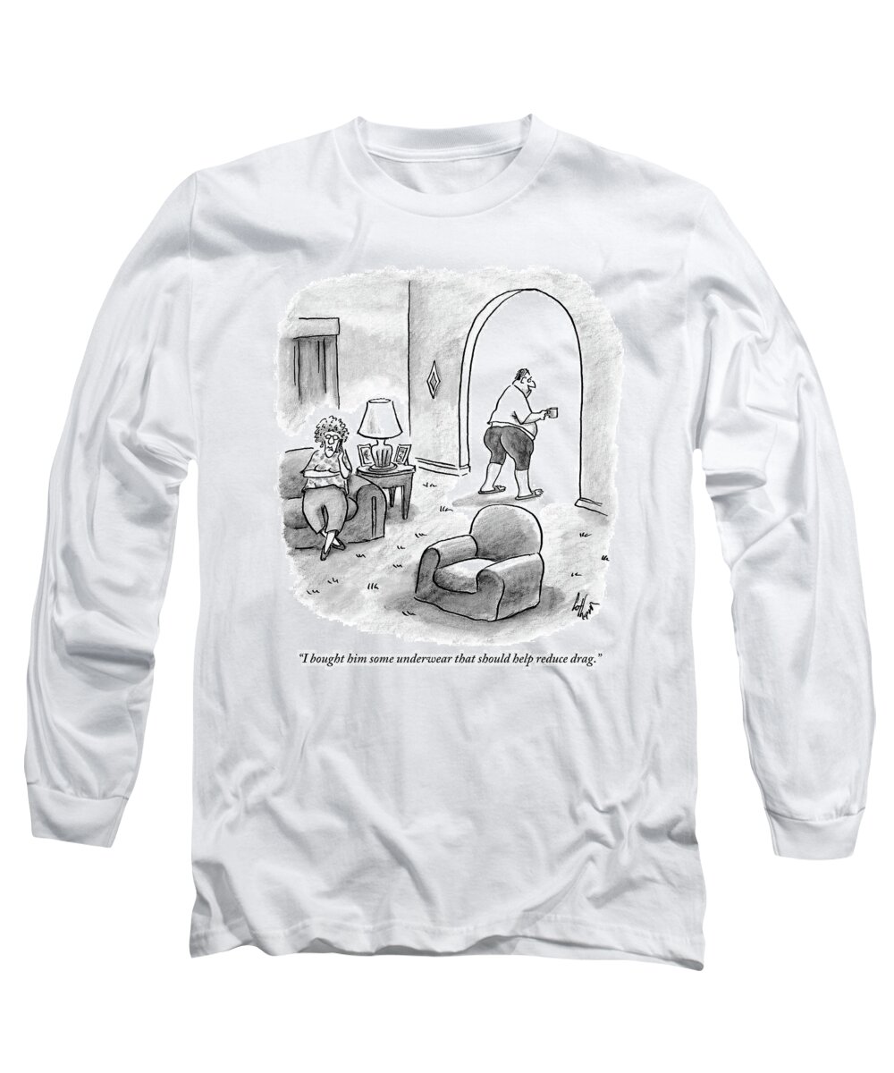 Men Long Sleeve T-Shirt featuring the drawing Woman Speaks On Phone As Her Husband Stands by Frank Cotham