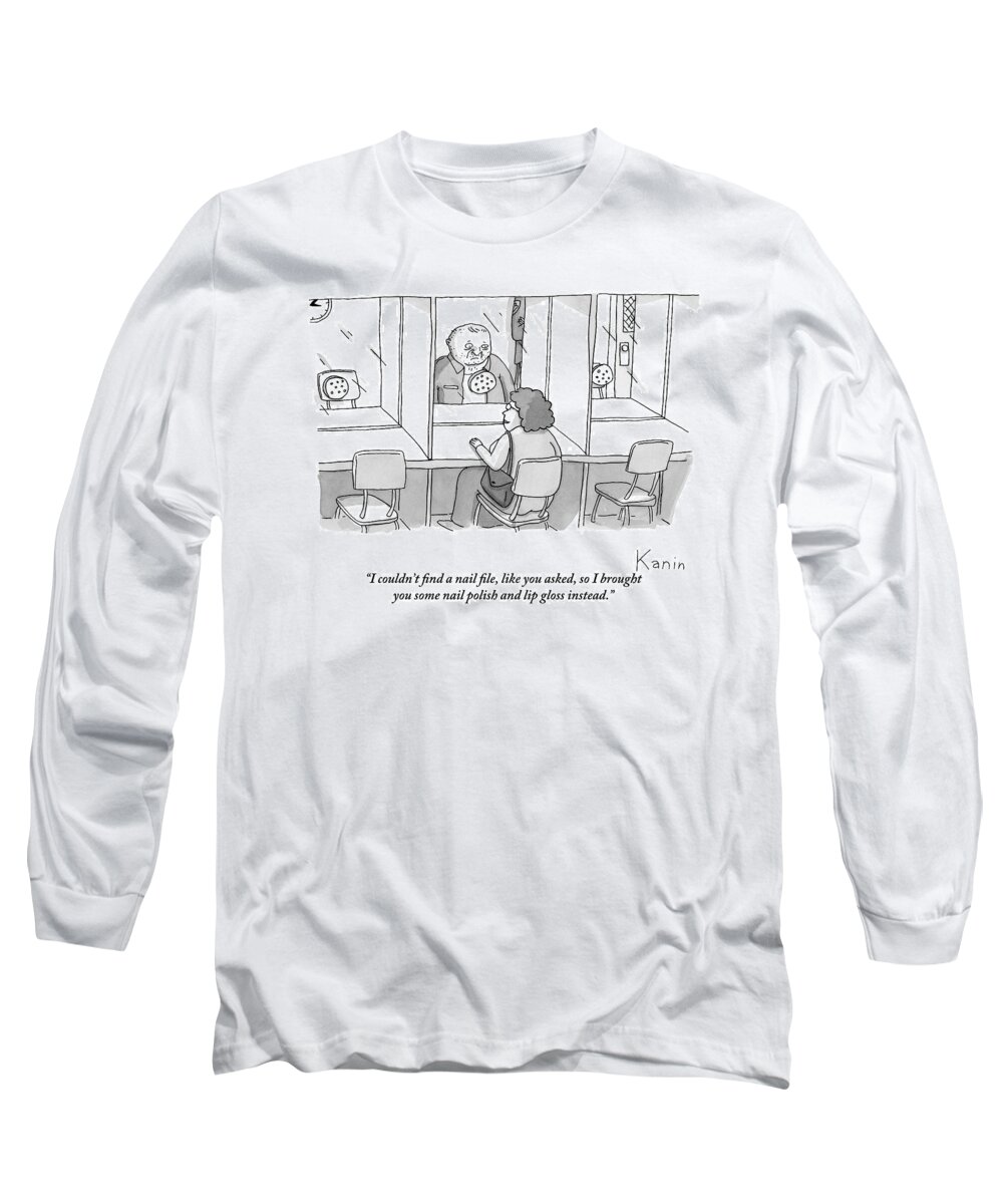 Prisons Long Sleeve T-Shirt featuring the drawing Woman To Man At Prison Visiting Booth by Zachary Kanin