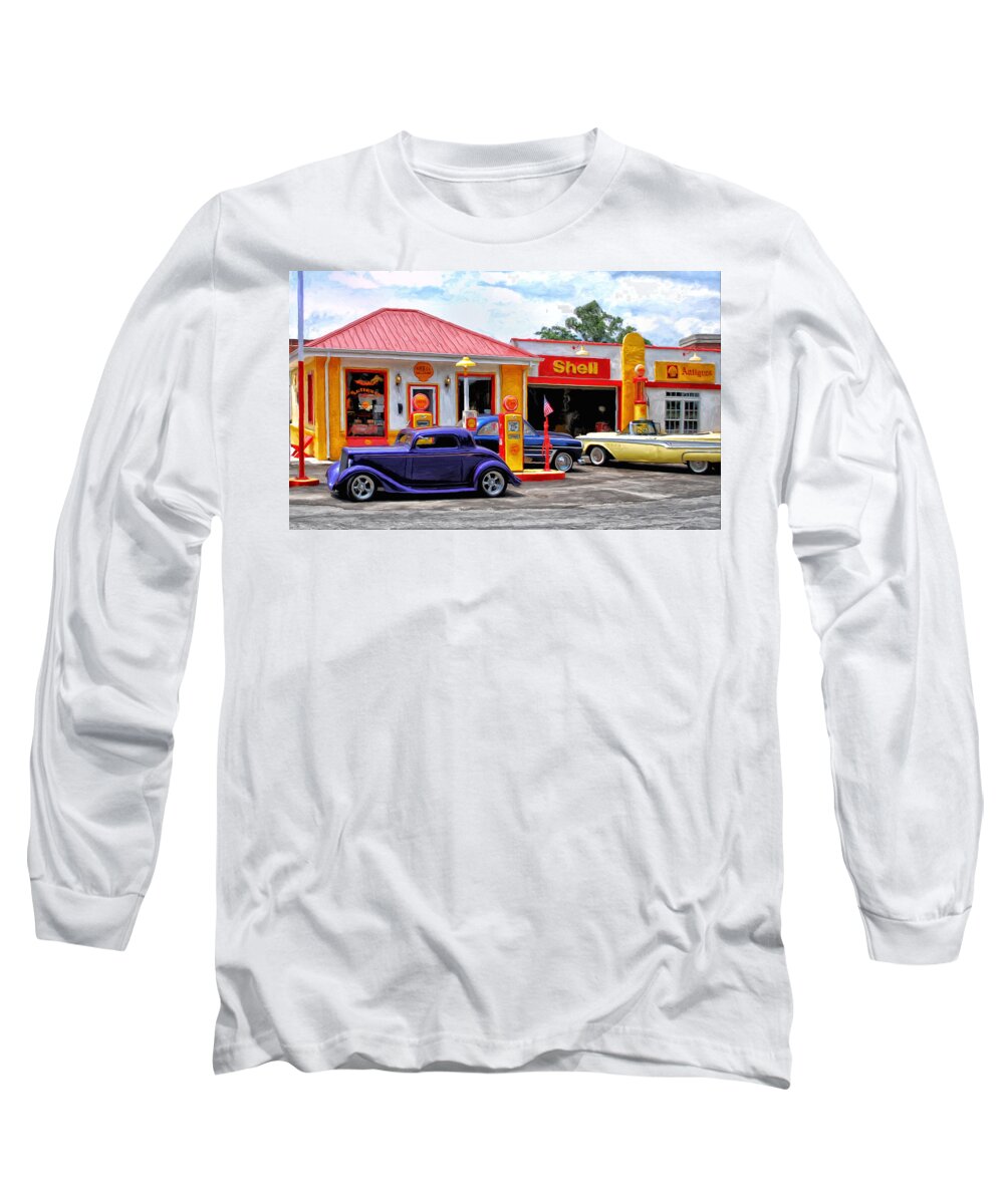 Gas Station Long Sleeve T-Shirt featuring the painting Yesterday's Shell Station by Michael Pickett