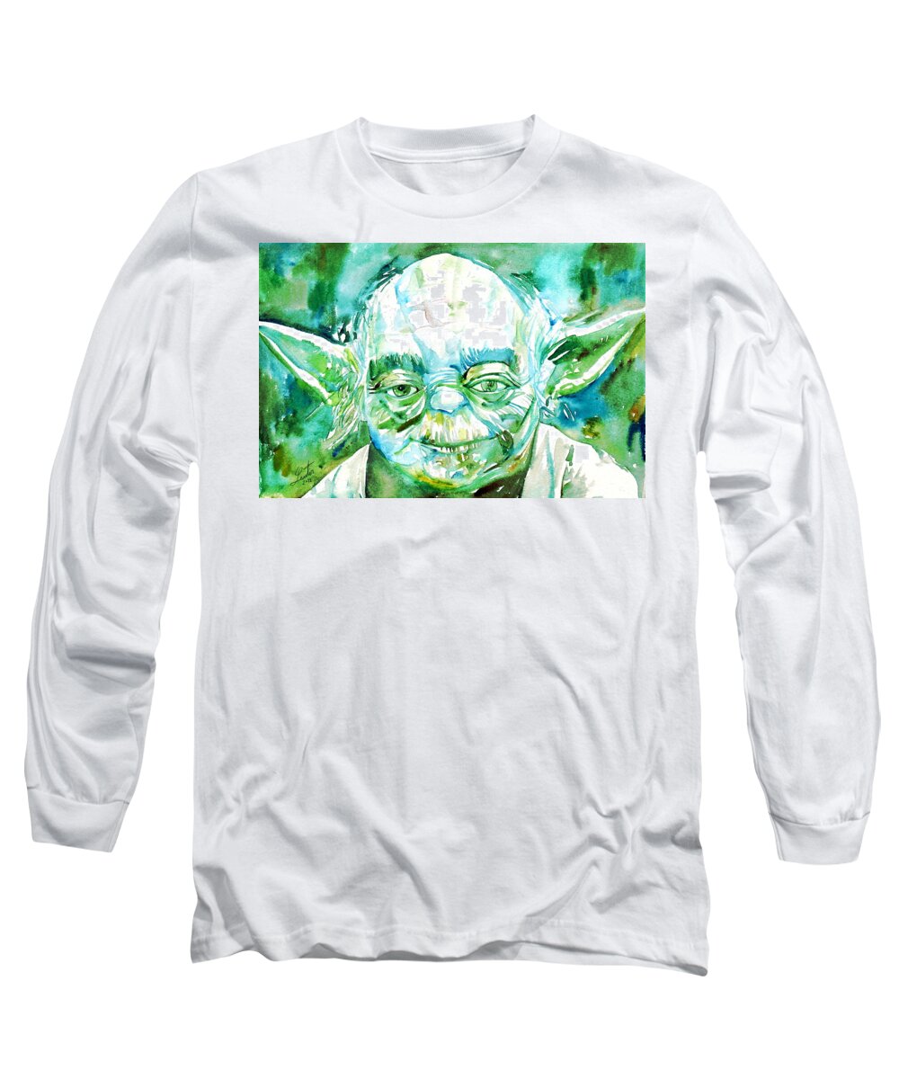 Yoda Long Sleeve T-Shirt featuring the painting Yoda Watercolor Portrait by Fabrizio Cassetta