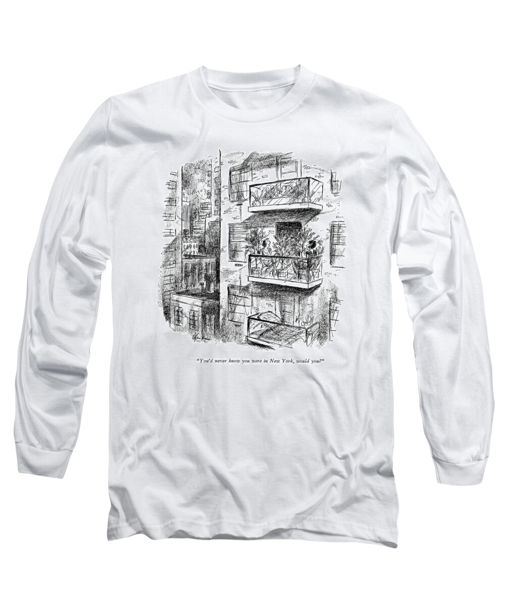 
 Matrons Sits On Tiny Balcony Attached To Modern Apartment Building. 
City Life Urban Life Apartment Life Nyc Ny Modern Life Denial Self-deception Iwd Natural Nature Outdoors Environment Environmental Plants Plant 68077 Adu Alan Dunn Long Sleeve T-Shirt featuring the drawing You'd Never Know You Were In New York by Alan Dunn