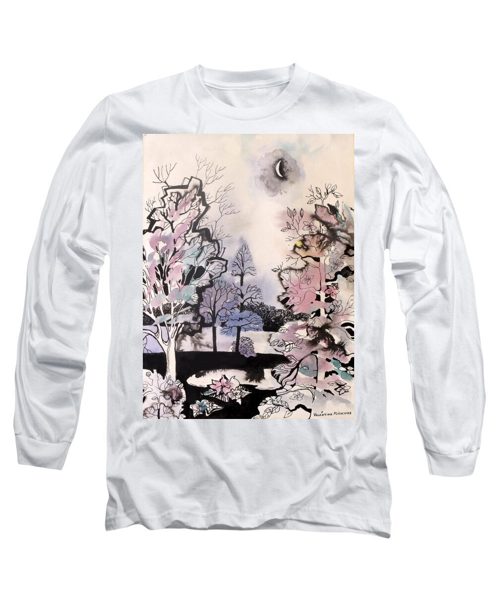 Landscape Long Sleeve T-Shirt featuring the painting There are no strangers under the blossom of cherry tree #1 by Valentina Plishchina