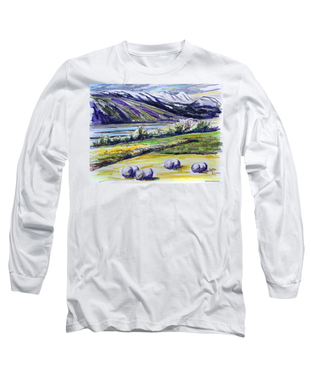 Barbara Pommerenke Kathryn J Kathrynjonvoy Iceland Island Fjord Adaldalur Valley Adaldalur Husavik Wax Pastels Wachspastell Zeichnung Drawing Landscape Scenery Landschaft Long Sleeve T-Shirt featuring the painting Adaldalur Valley Iceland by Barbara Pommerenke