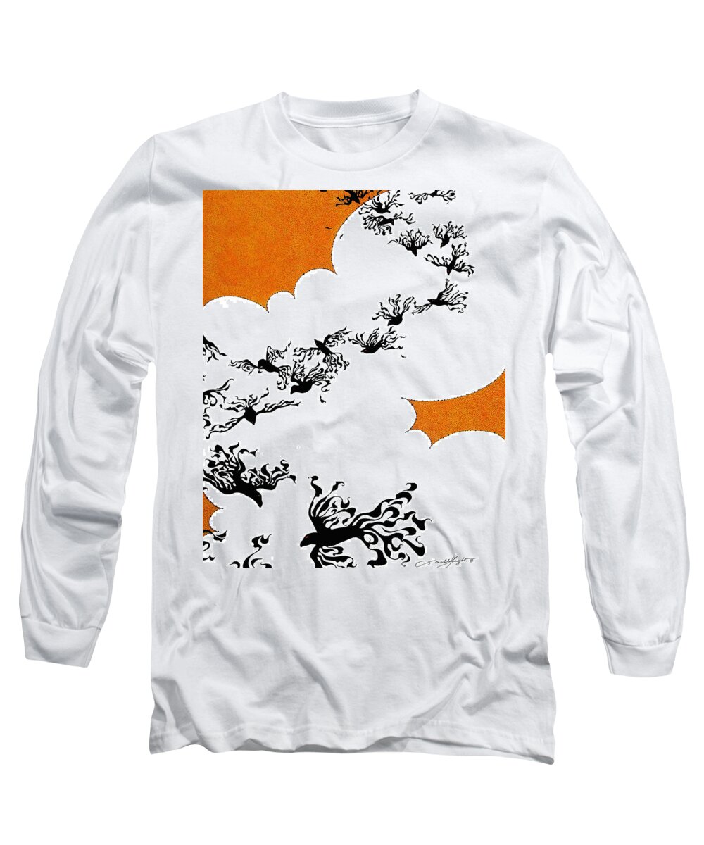 Crows Long Sleeve T-Shirt featuring the drawing As The Crows Fly by Michele Sleight