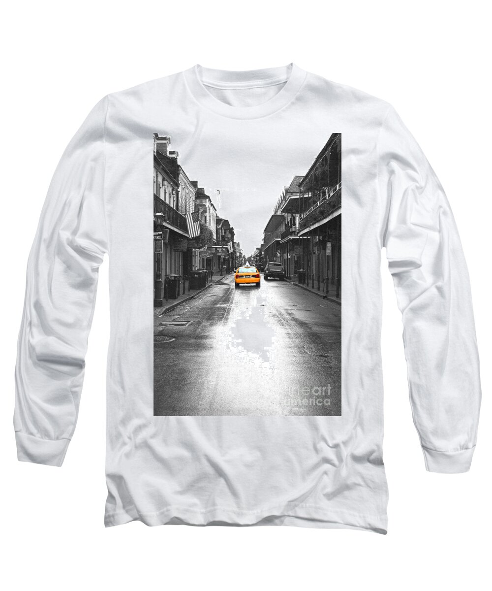 Travelpixpro Long Sleeve T-Shirt featuring the photograph Bourbon Street Taxi French Quarter New Orleans Color Splash Black and White Film Grain Digital Art by Shawn O'Brien