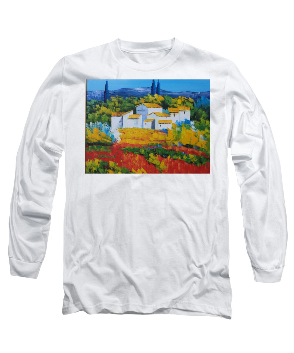 Landscape Long Sleeve T-Shirt featuring the painting Hilltop village by Rosie Sherman
