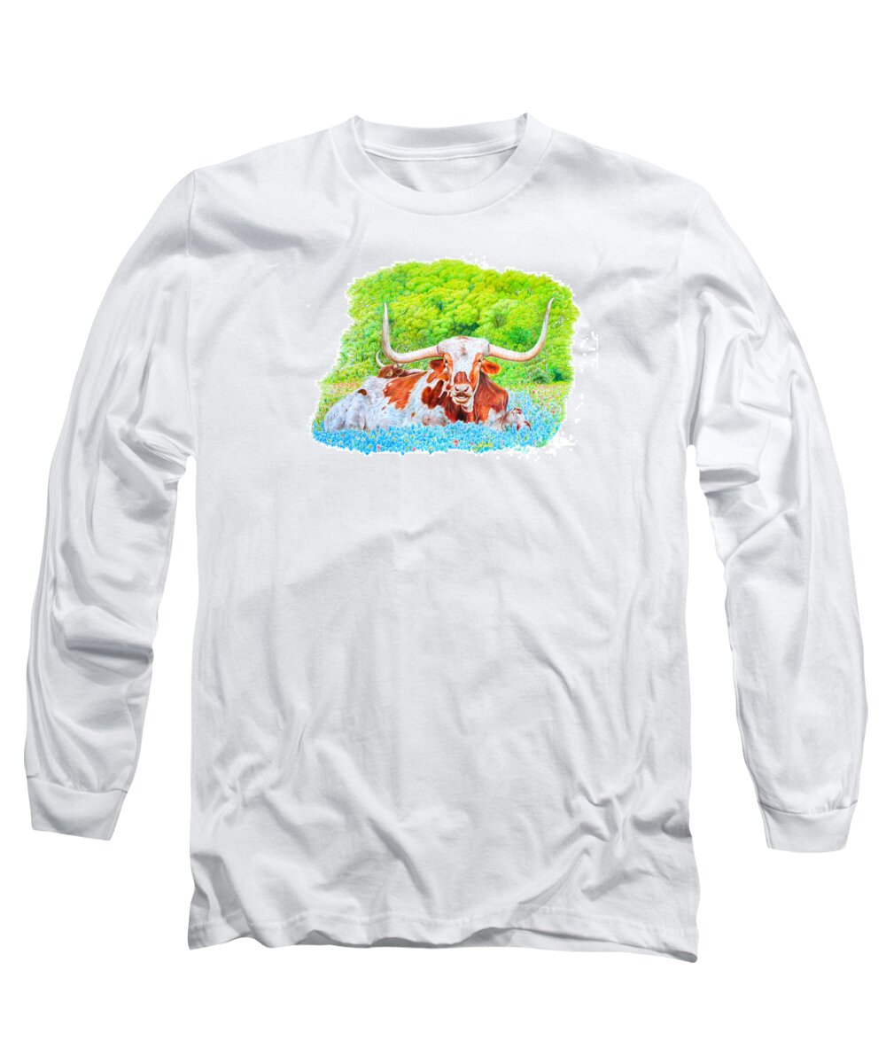 Animal Long Sleeve T-Shirt featuring the drawing Longhorns in Bluebonnets by Mike Ivey