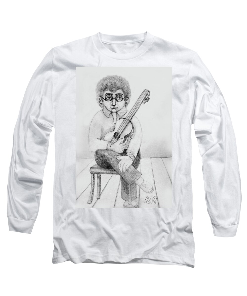 Russian Long Sleeve T-Shirt featuring the painting Russian guitarist black and white art eyeglasses long curly hair tie chin shirt trousers shoes chair by Rachel Hershkovitz