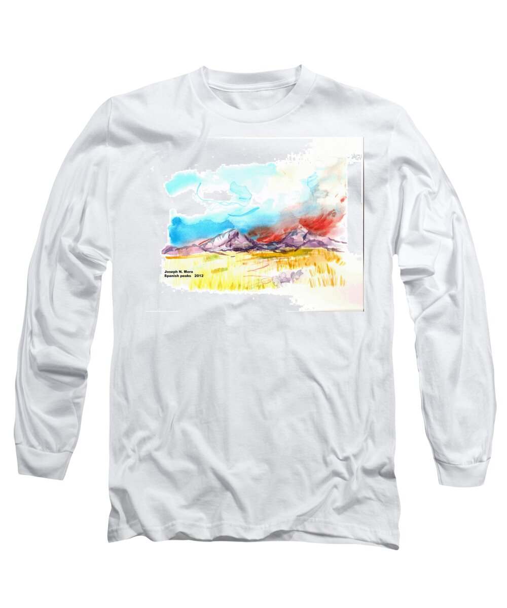 Spanish Peaks Long Sleeve T-Shirt featuring the painting Spanish Peaks study by Joseph Mora