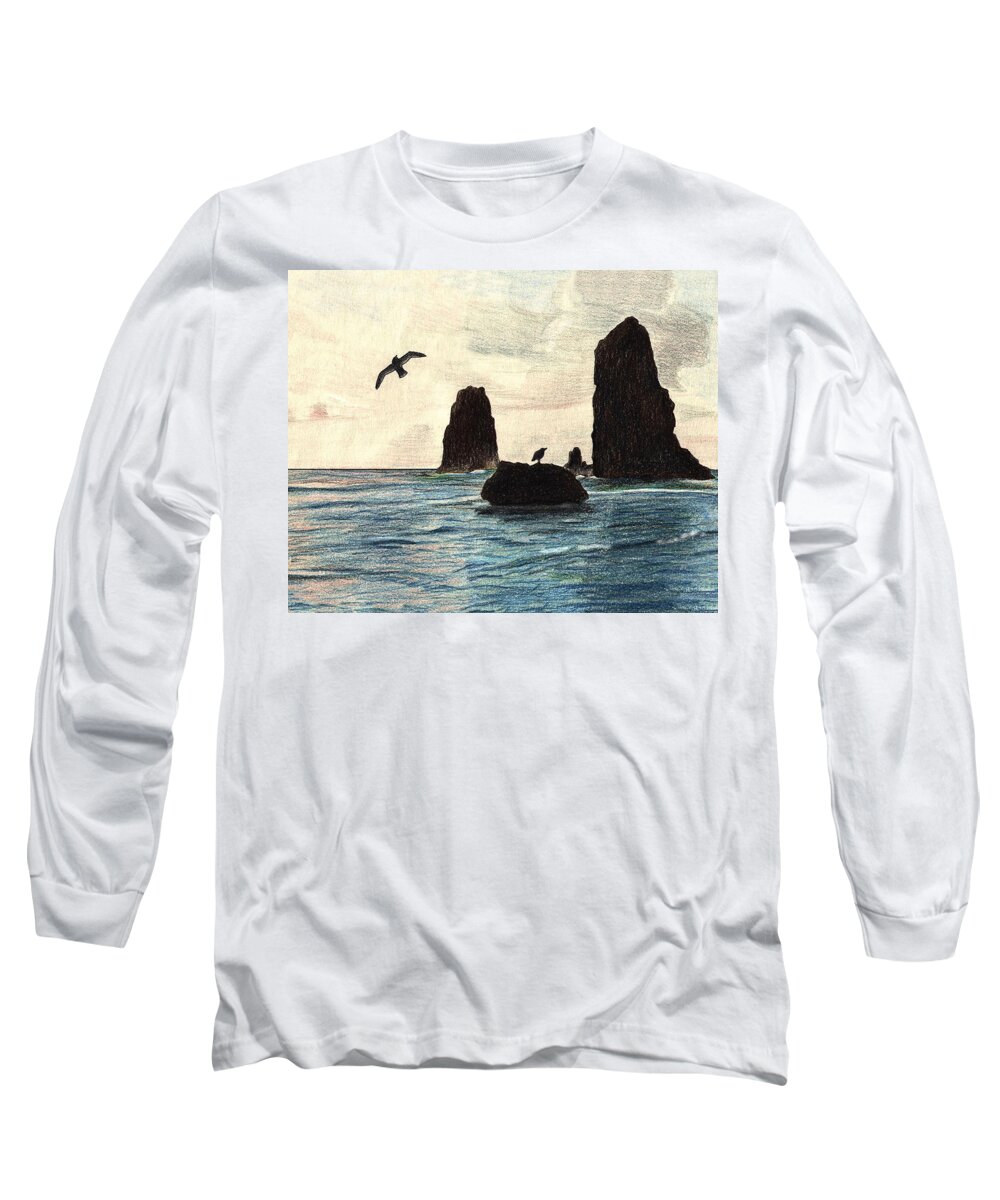 Coastal Rocks Long Sleeve T-Shirt featuring the mixed media The Needles by Wendy McKennon