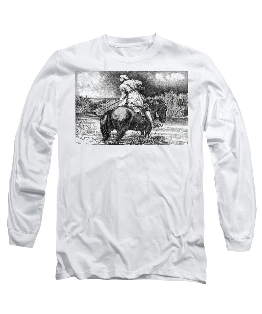 Jim Bridger Long Sleeve T-Shirt featuring the drawing Trapper's Last Shot by Gordon Punt