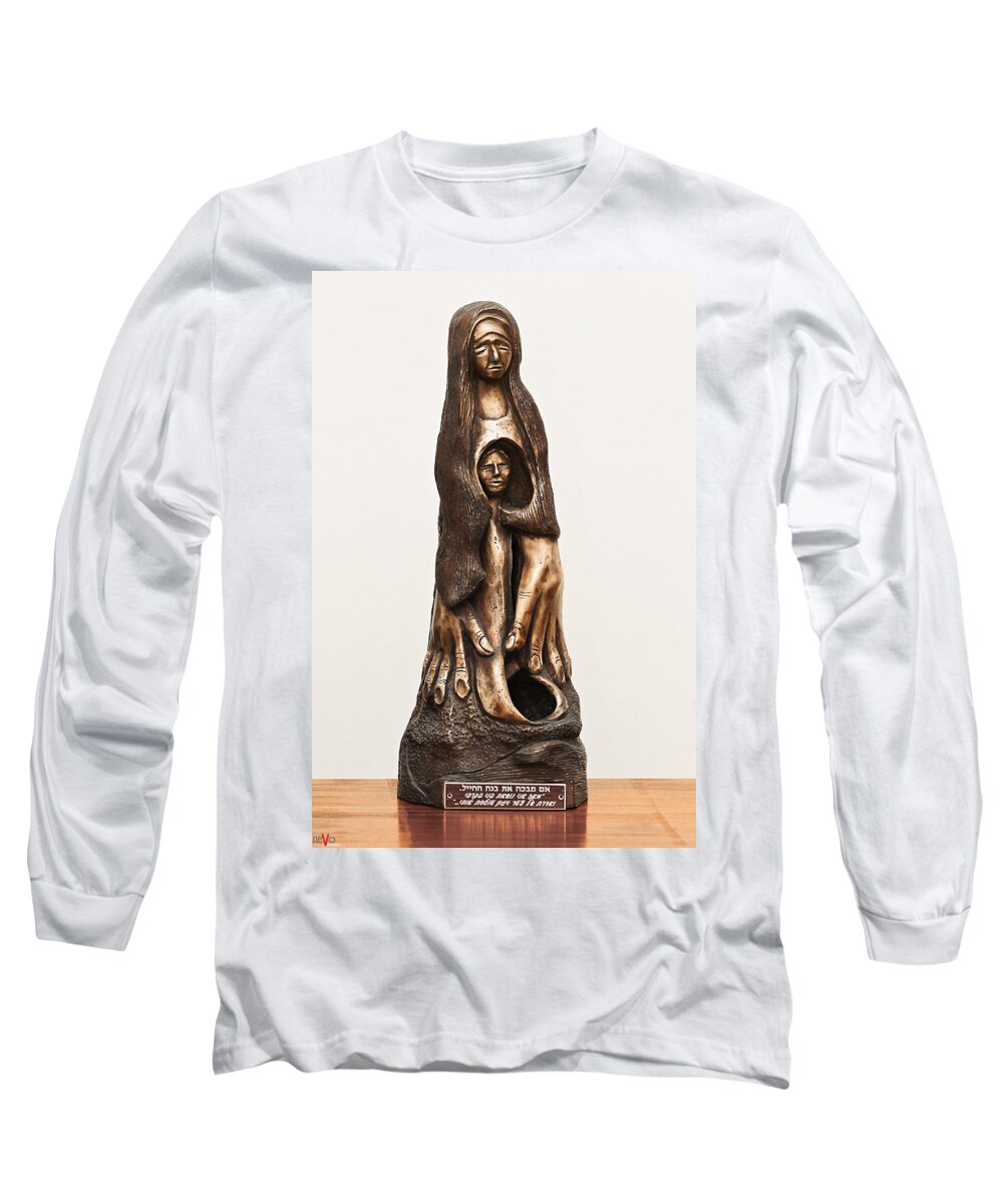 Woman Long Sleeve T-Shirt featuring the sculpture Woman mourning her dead son who died in a war by Rachel Hershkovitz