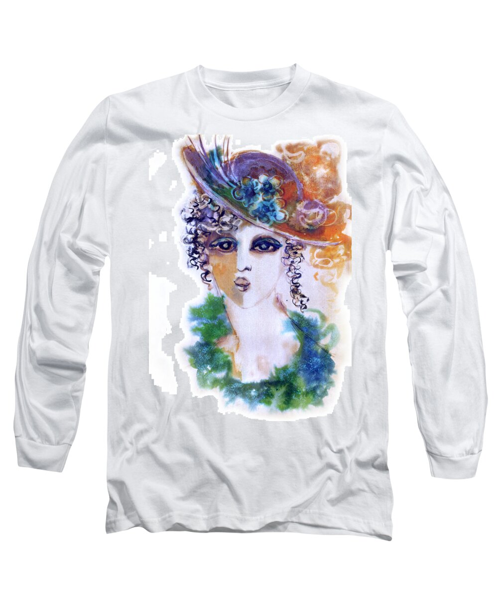 Young Long Sleeve T-Shirt featuring the painting Young woman face with curls in blue green dress purple hat with flower by Rachel Hershkovitz