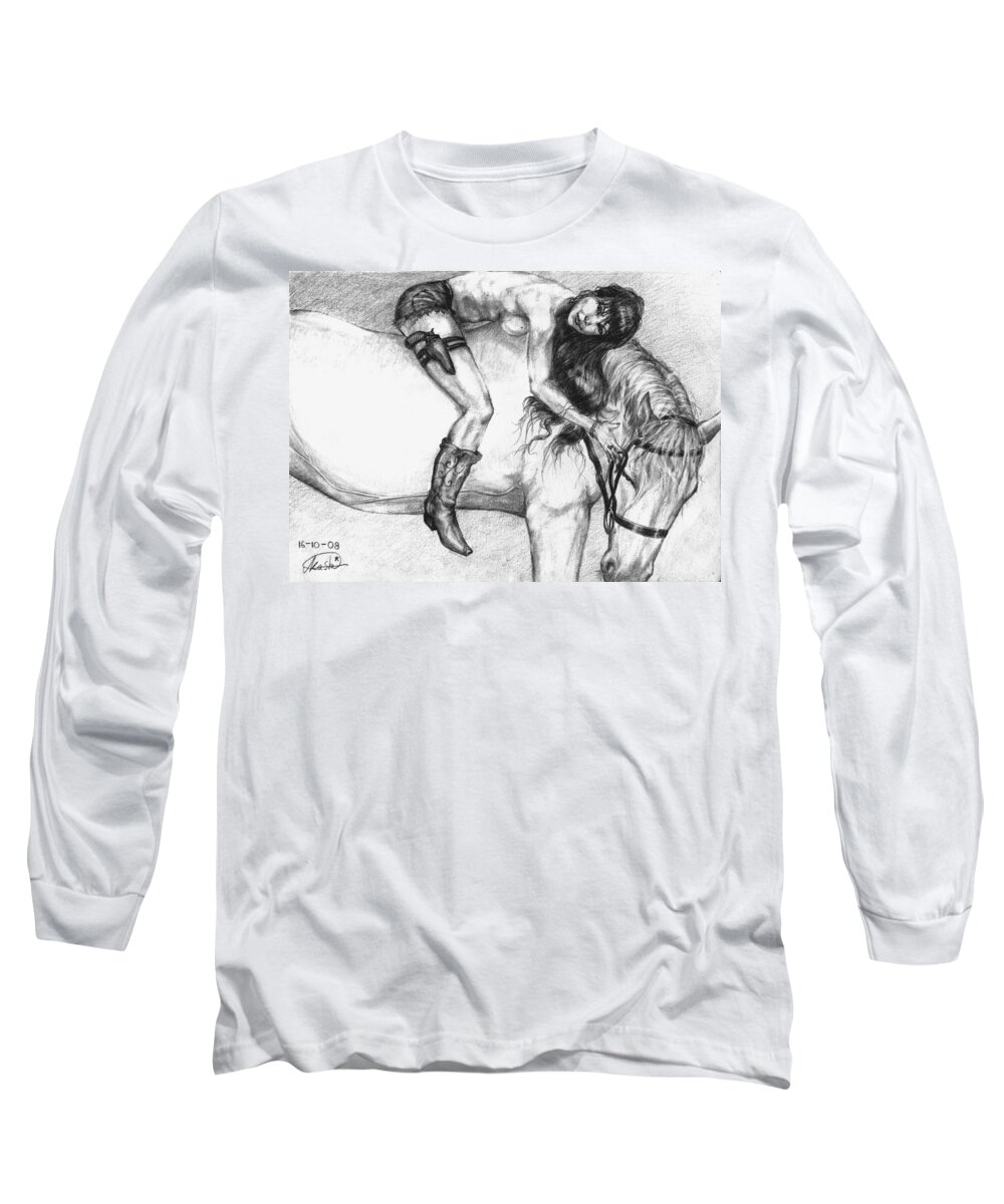 Cowgirl Long Sleeve T-Shirt featuring the drawing Cowgirl riding a hourse by Alban Dizdari