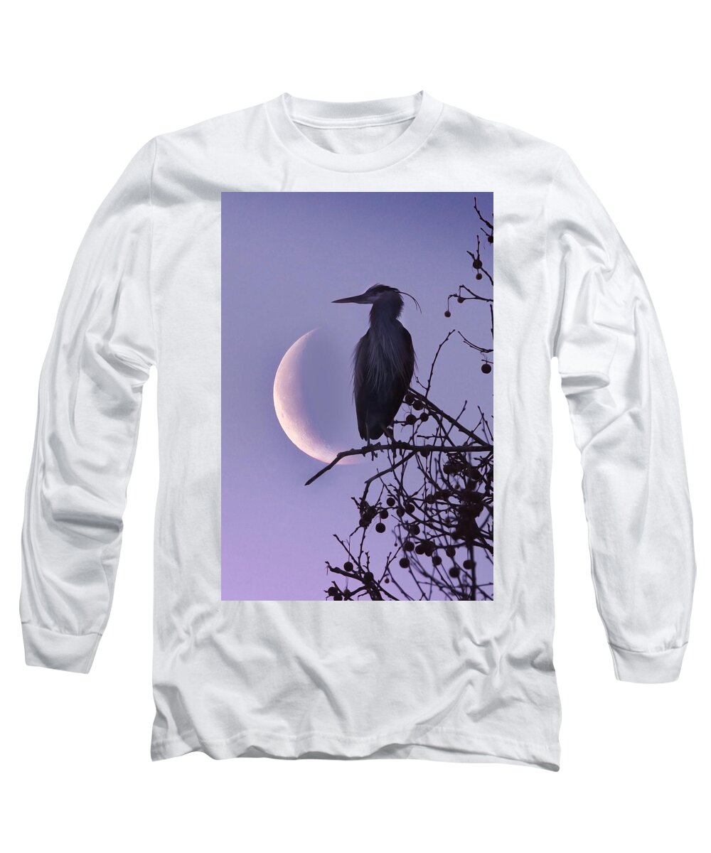 Blue Heron Long Sleeve T-Shirt featuring the photograph Blue Heron Moon #1 by Rob Blair