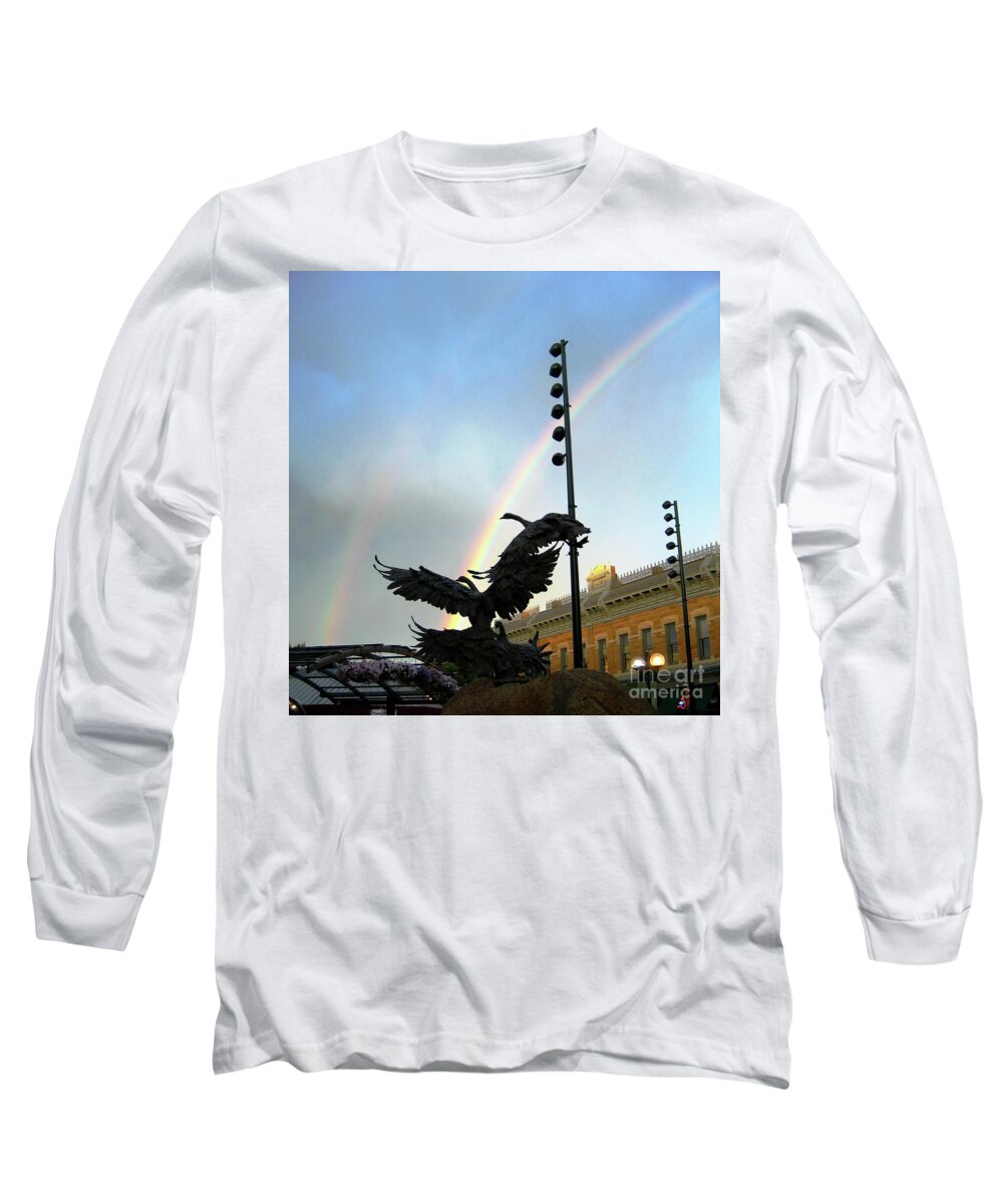 Double Rainbow Long Sleeve T-Shirt featuring the photograph Double Rainbow Over Old Town Square #1 by Cindy Schneider