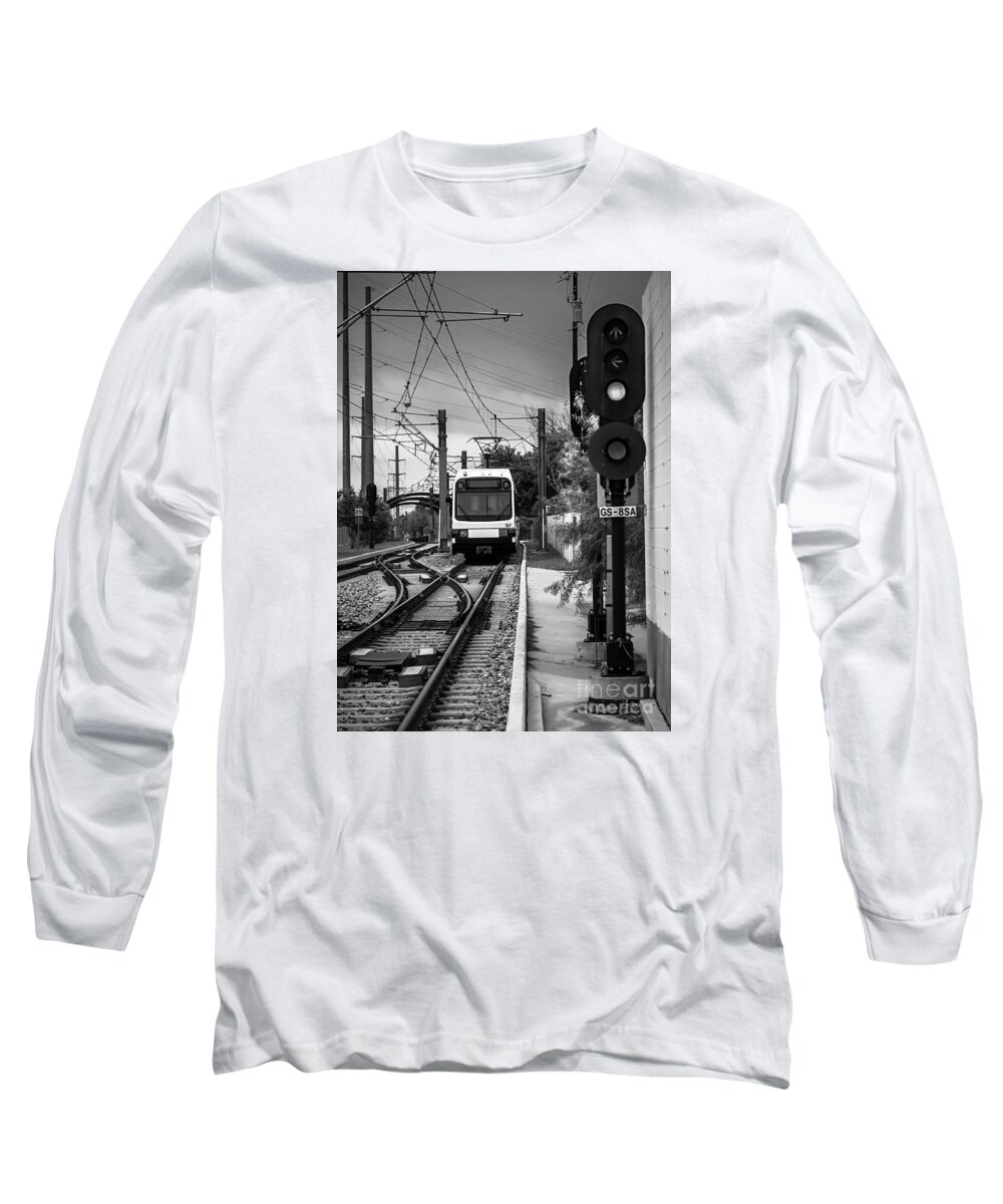 Electric Commuter Train Long Sleeve T-Shirt featuring the photograph Electric Commuter Train in BW by Imagery by Charly