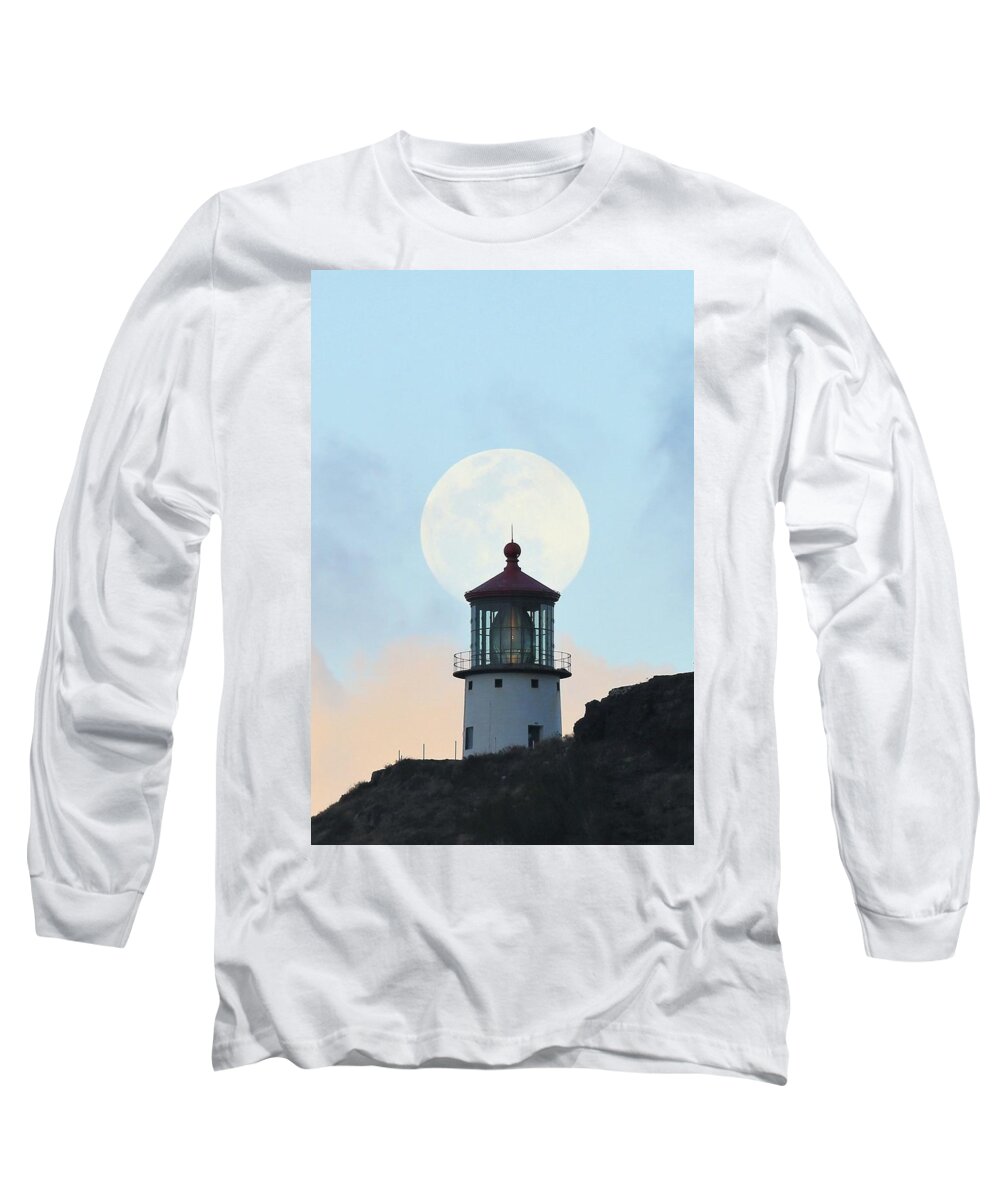 Photosbymch Long Sleeve T-Shirt featuring the photograph Full moon over Makapu'u Light #1 by M C Hood