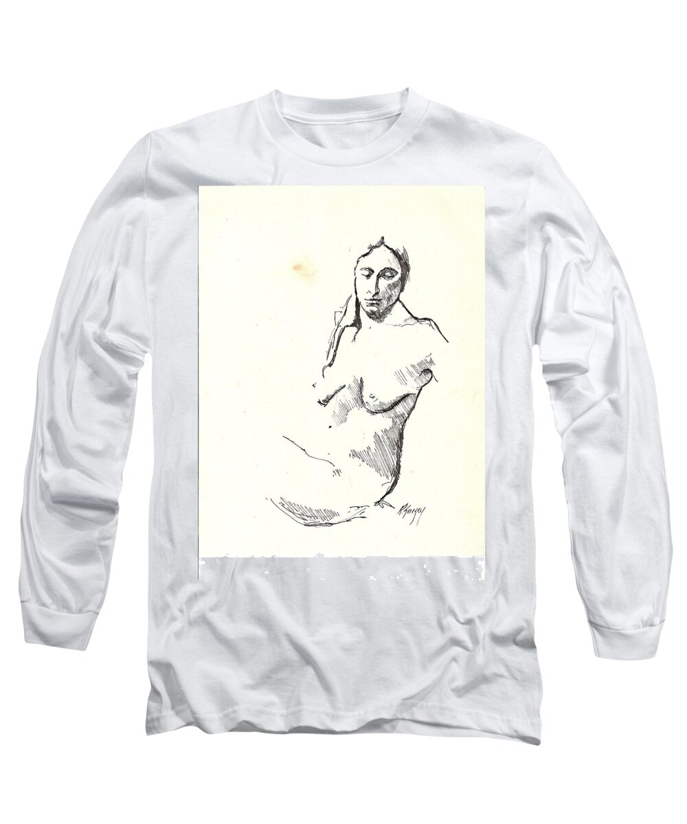 Nude Long Sleeve T-Shirt featuring the drawing Nude Three #1 by R Allen Swezey