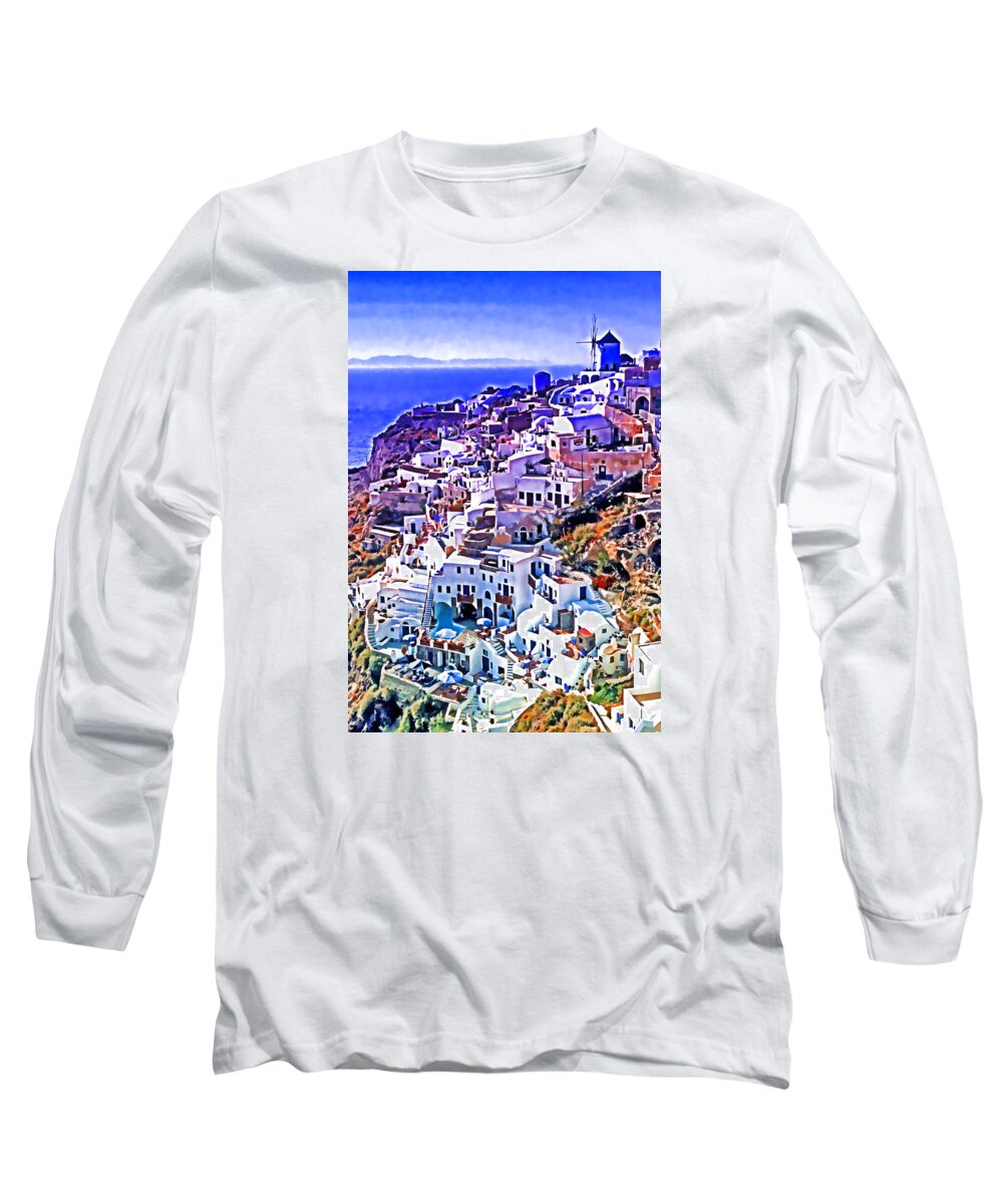 Santorini Long Sleeve T-Shirt featuring the photograph Oia Town on Santorini #1 by Dennis Cox