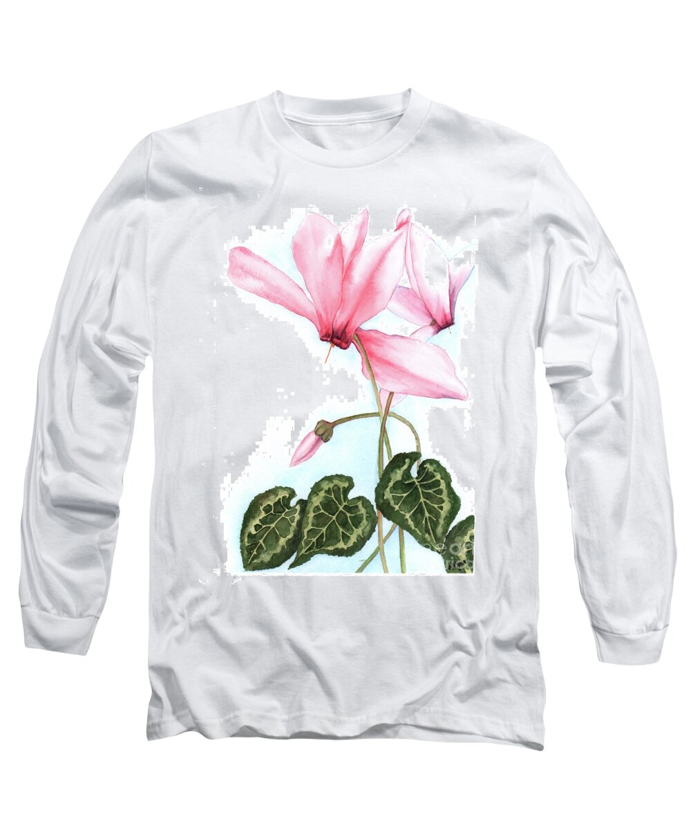 Flowers Long Sleeve T-Shirt featuring the painting Pink Cyclamen by Hilda Wagner
