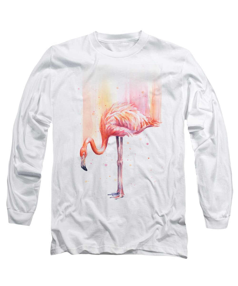 Pink Long Sleeve T-Shirt featuring the painting Pink Flamingo - Facing Right #2 by Olga Shvartsur