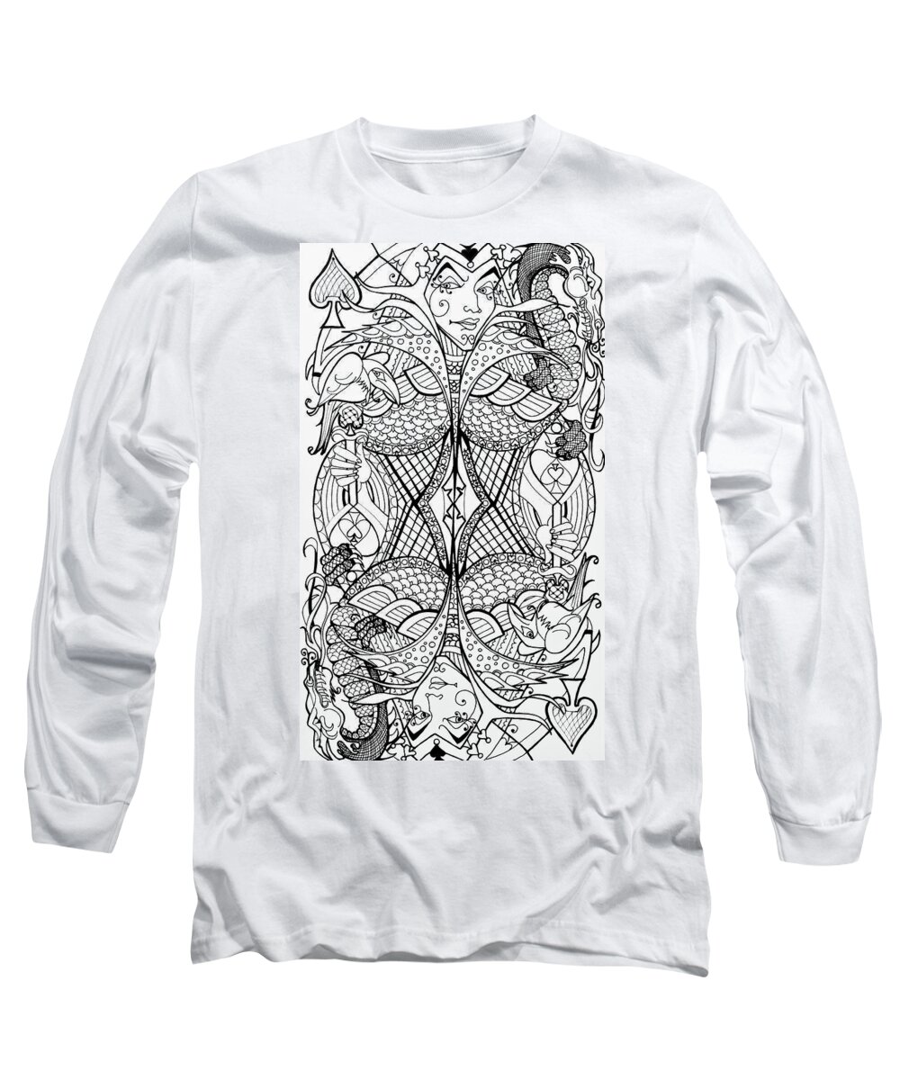 Queen Of Spades Long Sleeve T-Shirt featuring the drawing Queen Of Spades 2 by Jani Freimann