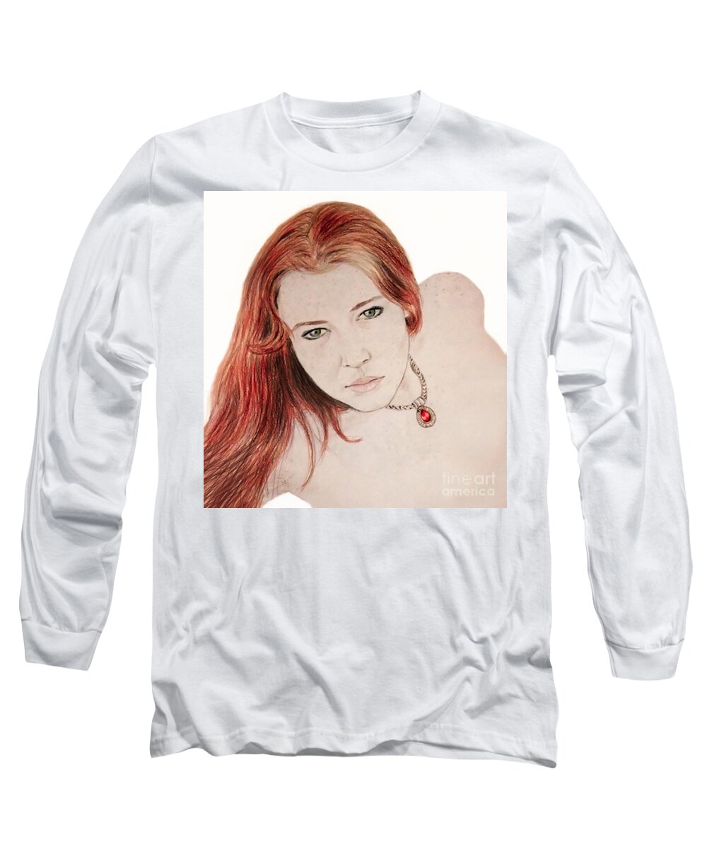 Drawing Long Sleeve T-Shirt featuring the drawing Red Hair and Freckled Beauty #1 by Jim Fitzpatrick