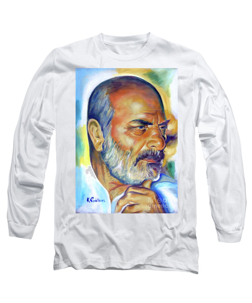 Stelios Long Sleeve T-Shirt featuring the painting Stelios Kazantzidis portrait #1 by Star Portraits Art