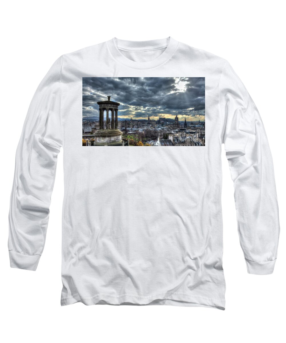 Sunset Long Sleeve T-Shirt featuring the photograph The Edinburgh skyline, and Dugald Stewart Monument #2 by Phill Thornton