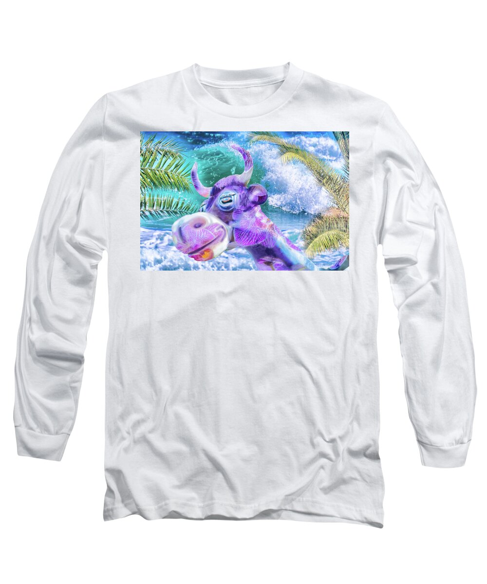 Purple Cow Long Sleeve T-Shirt featuring the digital art 10748 Purple Cow in Paradise by Pamela Williams