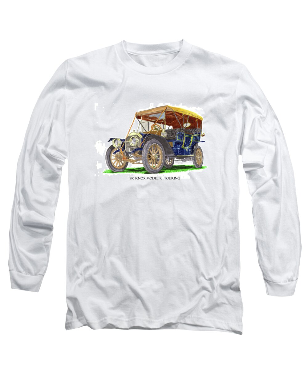 A Watercolor Painting Of A 1910 Knox Model R Long Sleeve T-Shirt featuring the painting 1910 Knox Model R 5 Passenger Touring Automobile by Jack Pumphrey