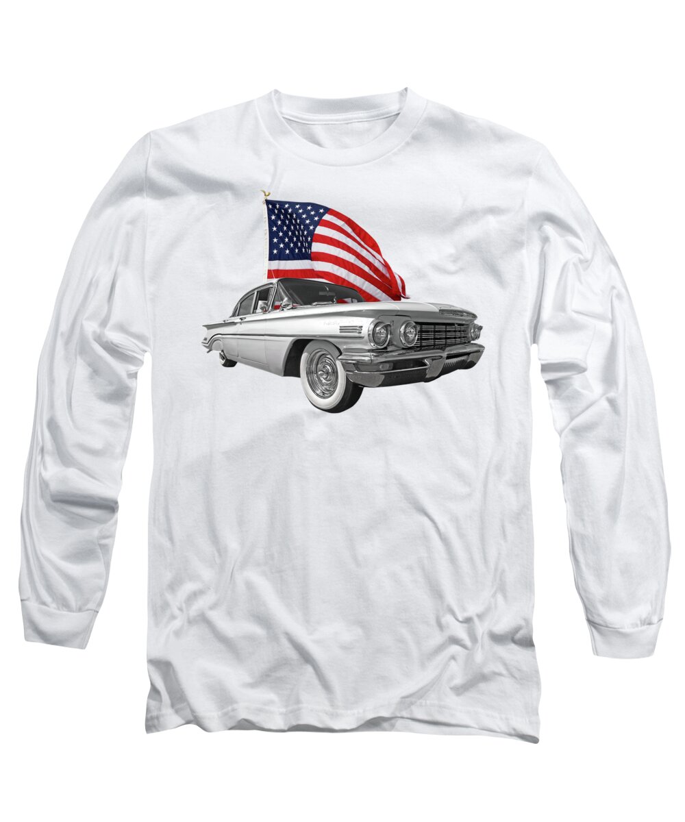 Oldsmobile Long Sleeve T-Shirt featuring the photograph 1960 Oldsmobile with US Flag by Gill Billington