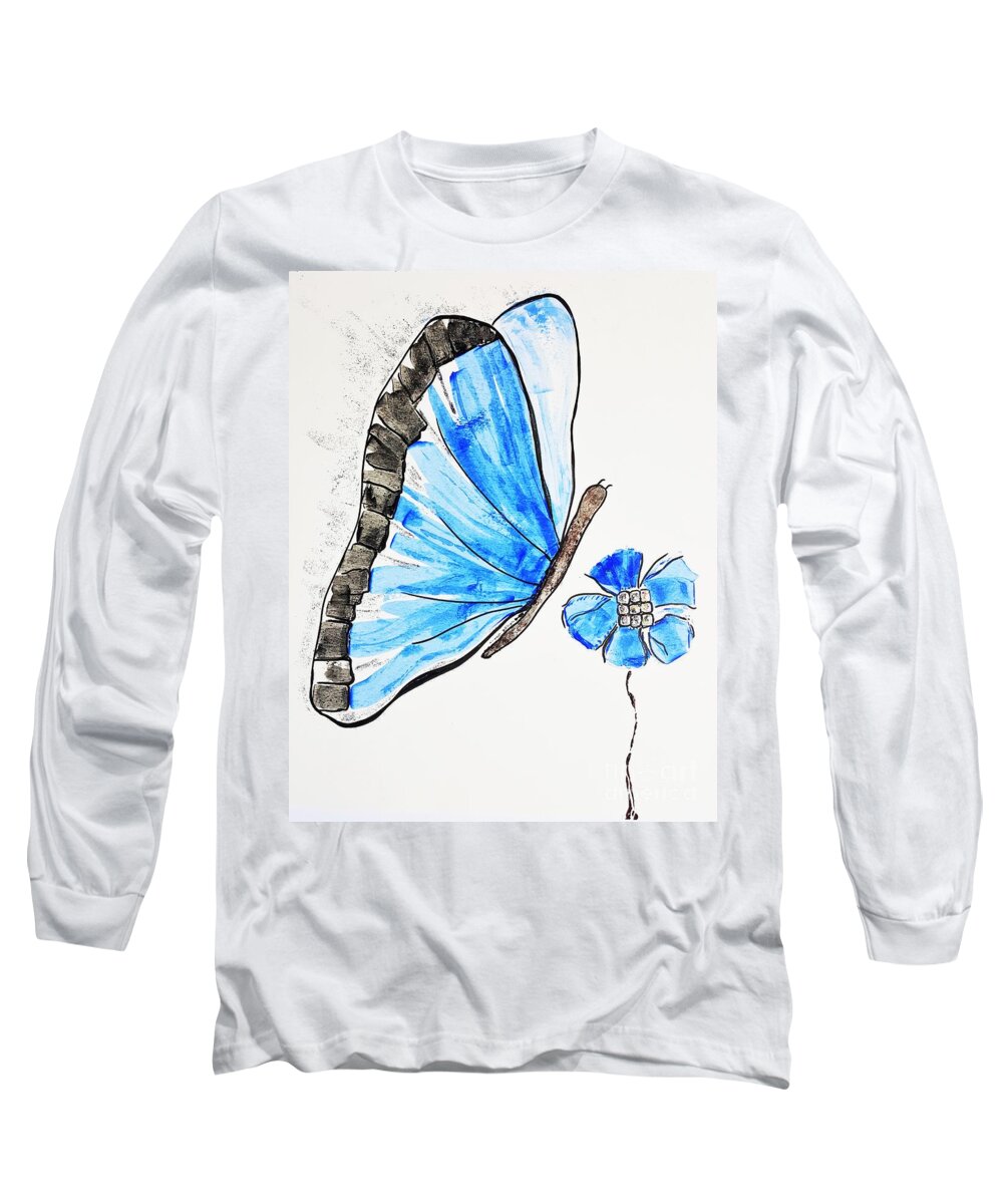 Butterfly Long Sleeve T-Shirt featuring the painting Blue butterfly #2 by Jasna Gopic