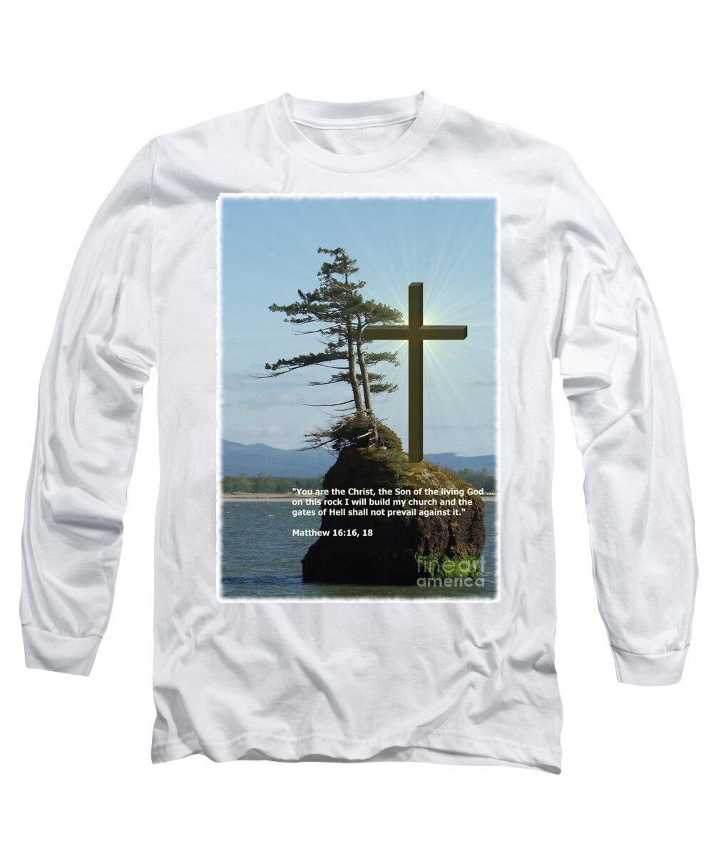 Scripture Long Sleeve T-Shirt featuring the digital art On This Rock I Will Build My church #2 by Charles Robinson