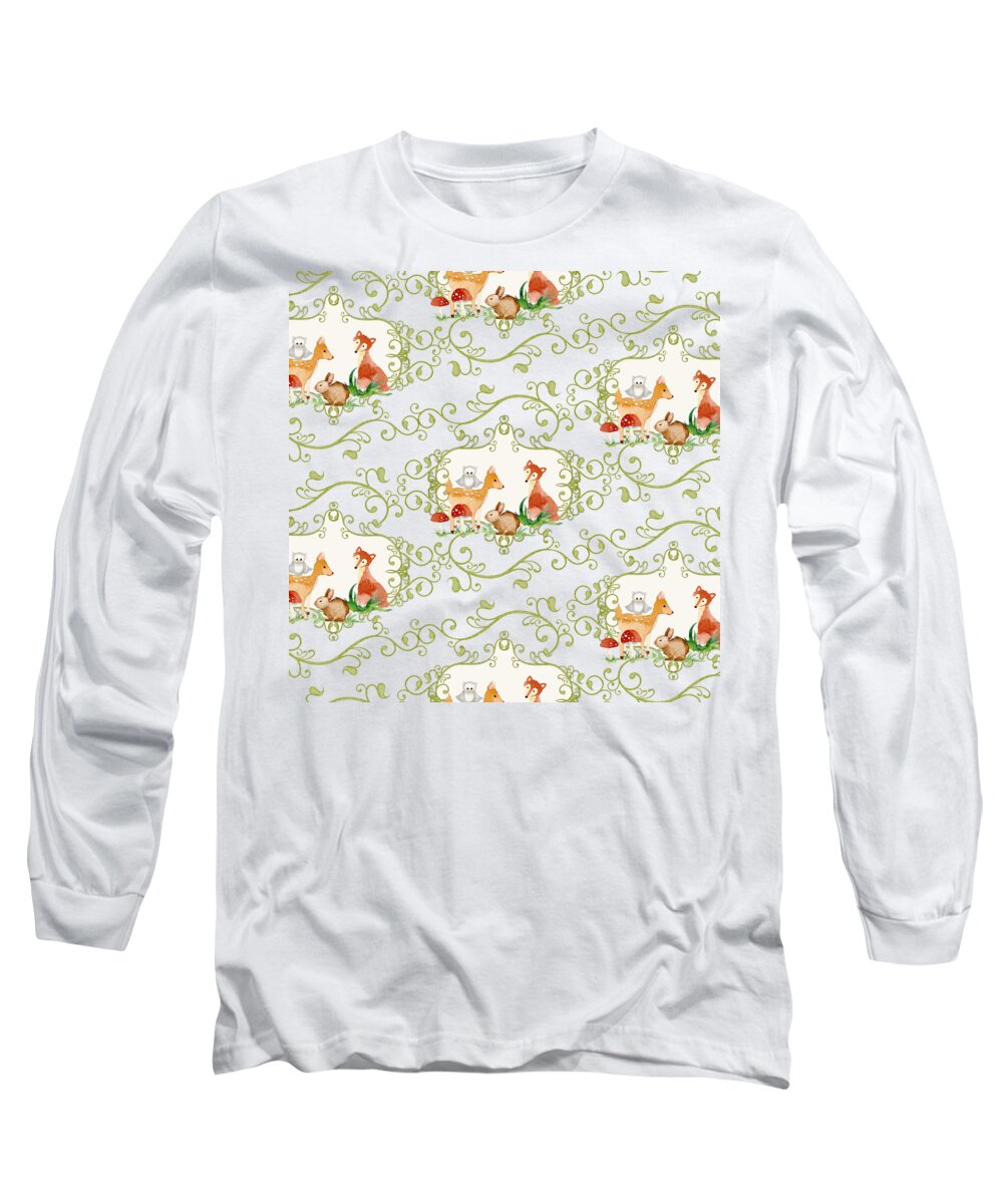 Woodchuck Long Sleeve T-Shirt featuring the painting Woodland Fairytale - Animals Deer Owl Fox Bunny n Mushrooms #2 by Audrey Jeanne Roberts