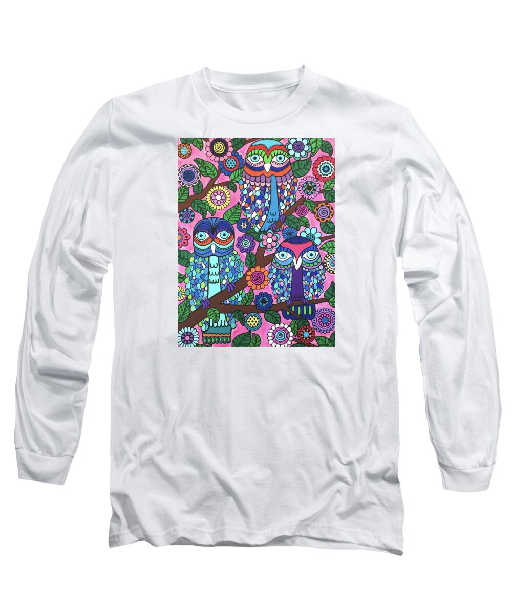 Owls Long Sleeve T-Shirt featuring the painting 3 Owls by Beth Ann Scott