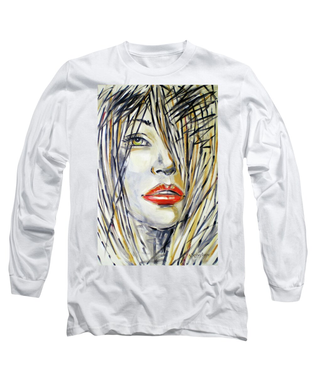 Woman Long Sleeve T-Shirt featuring the painting Red Lipstick 081208 #1 by Selena Boron