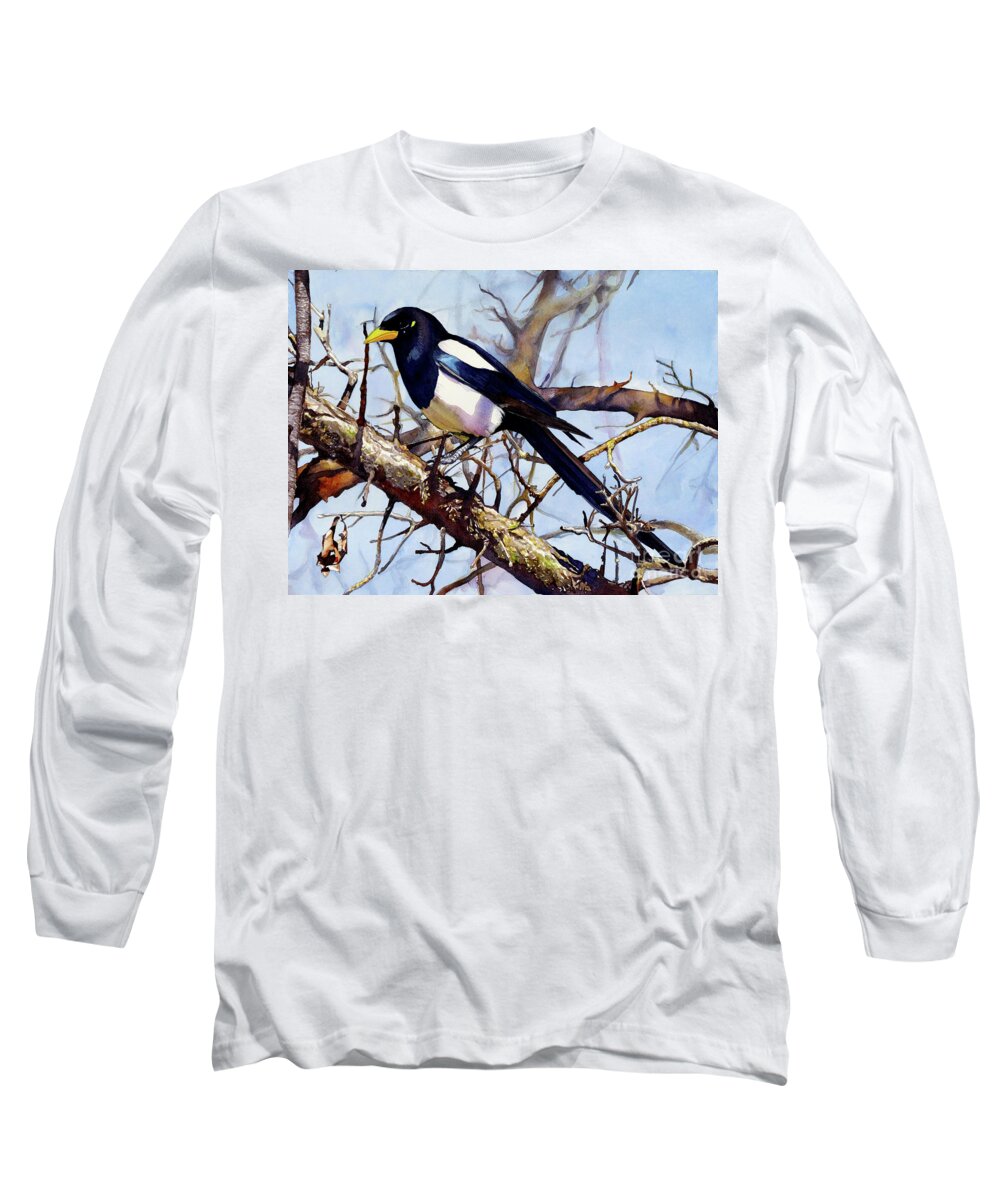 Watercolor Long Sleeve T-Shirt featuring the painting #309 Yellow-Billed Magpie #309 by William Lum