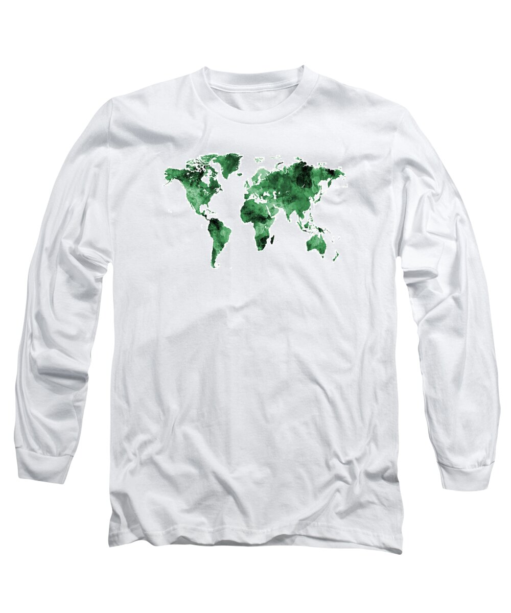 World Map Long Sleeve T-Shirt featuring the digital art Map of the World Map Watercolor #6 by Michael Tompsett
