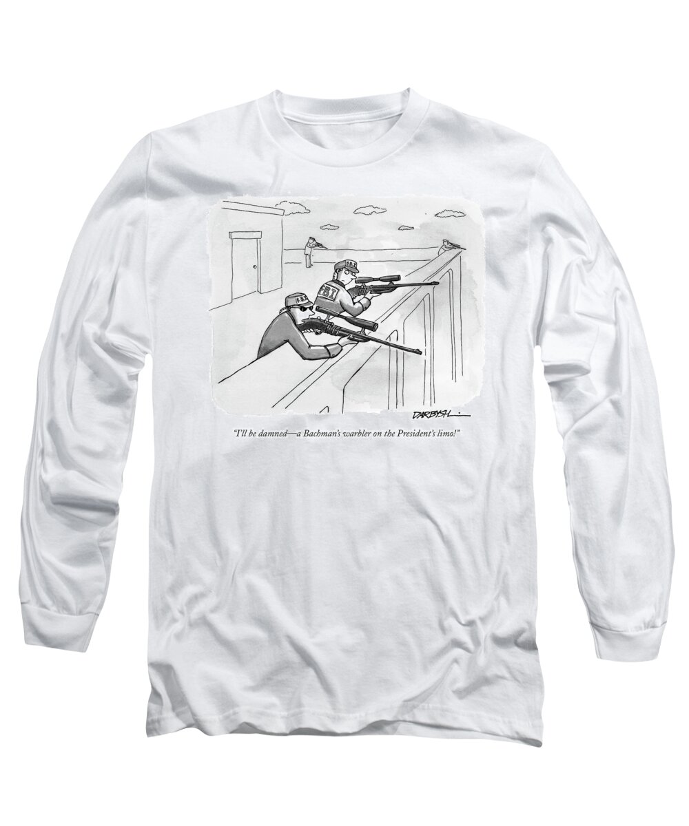 Birds Long Sleeve T-Shirt featuring the drawing A Bachmans warbler on the Presidents limo by Covert C Darbyshire